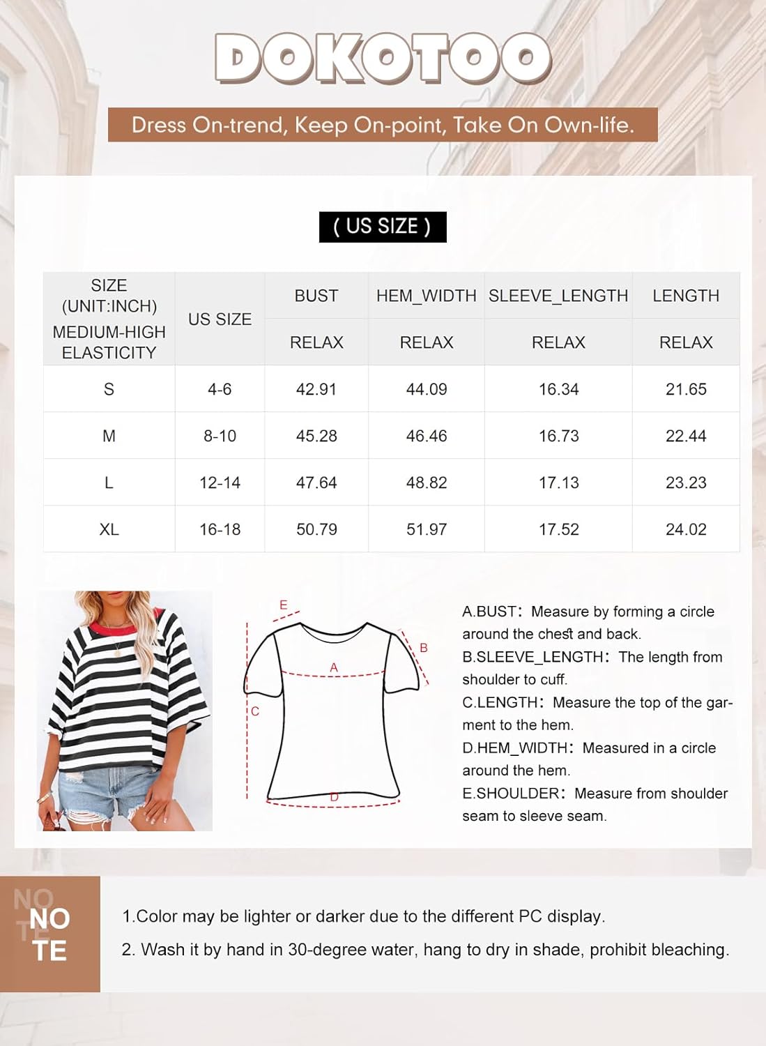 Dokotoo Oberteile für Damen, gestreift, 2024, Modische T-Shirts für Damen, Colorblocking-Design, lockeres Basic-T-Shirt