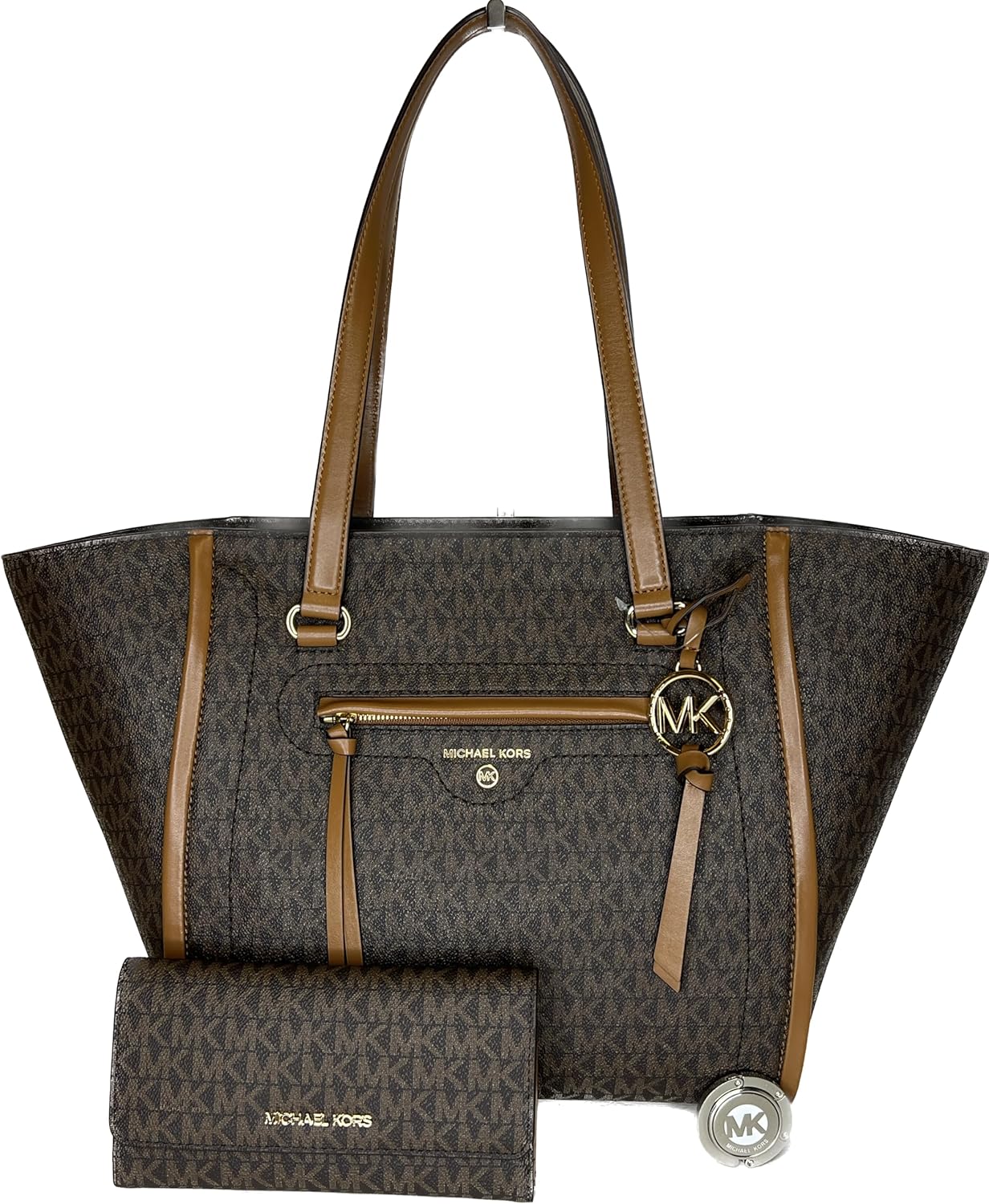 Michael Kors Carine MD Tote bundled with matching Trifold Wallet and Purse Hook (Signature MK Brown) · v3
