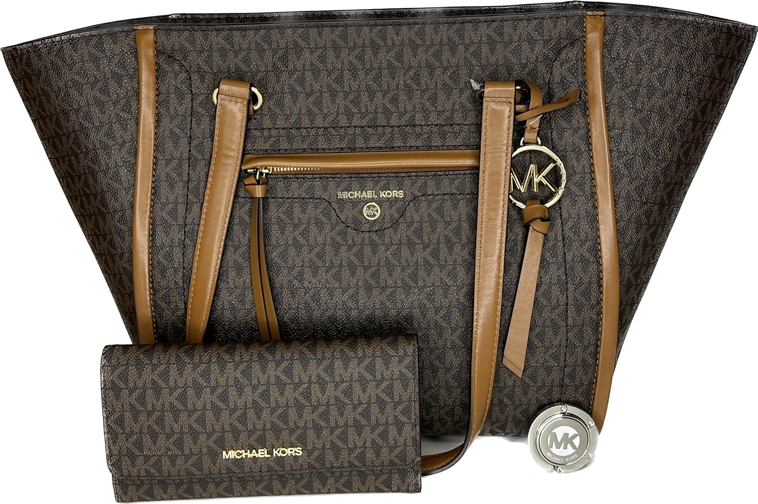 Michael Kors Carine MD Tote bundled with matching Trifold Wallet and Purse Hook (Signature MK Brown) · v4