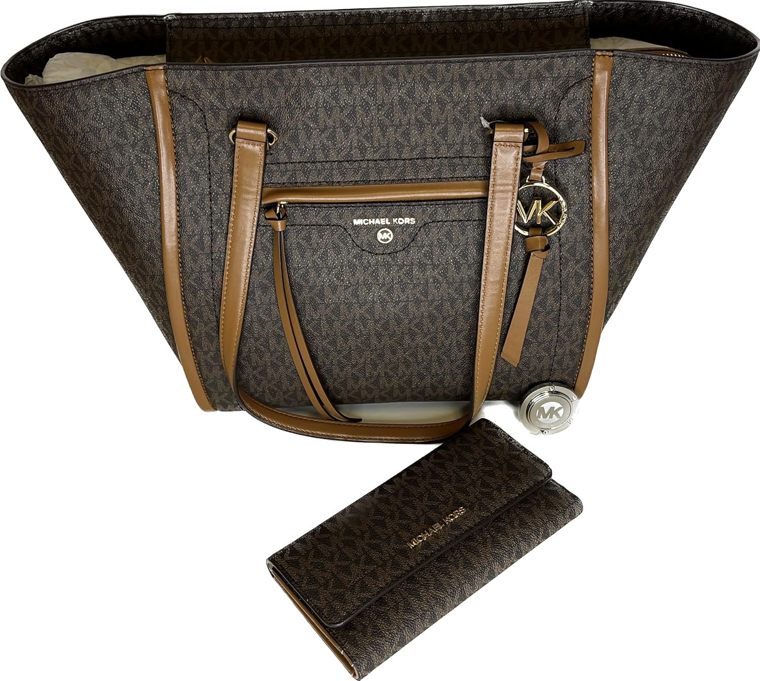 Michael Kors Carine MD Tote bundled with matching Trifold Wallet and Purse Hook (Signature MK Brown) · v4