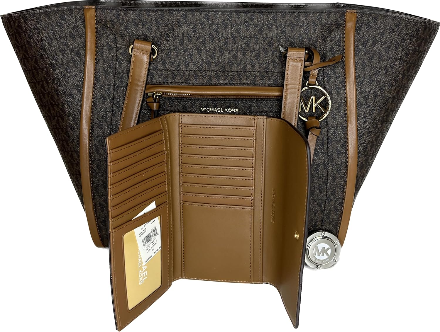 Michael Kors Carine MD Tote bundled with matching Trifold Wallet and Purse Hook (Signature MK Brown) · v4