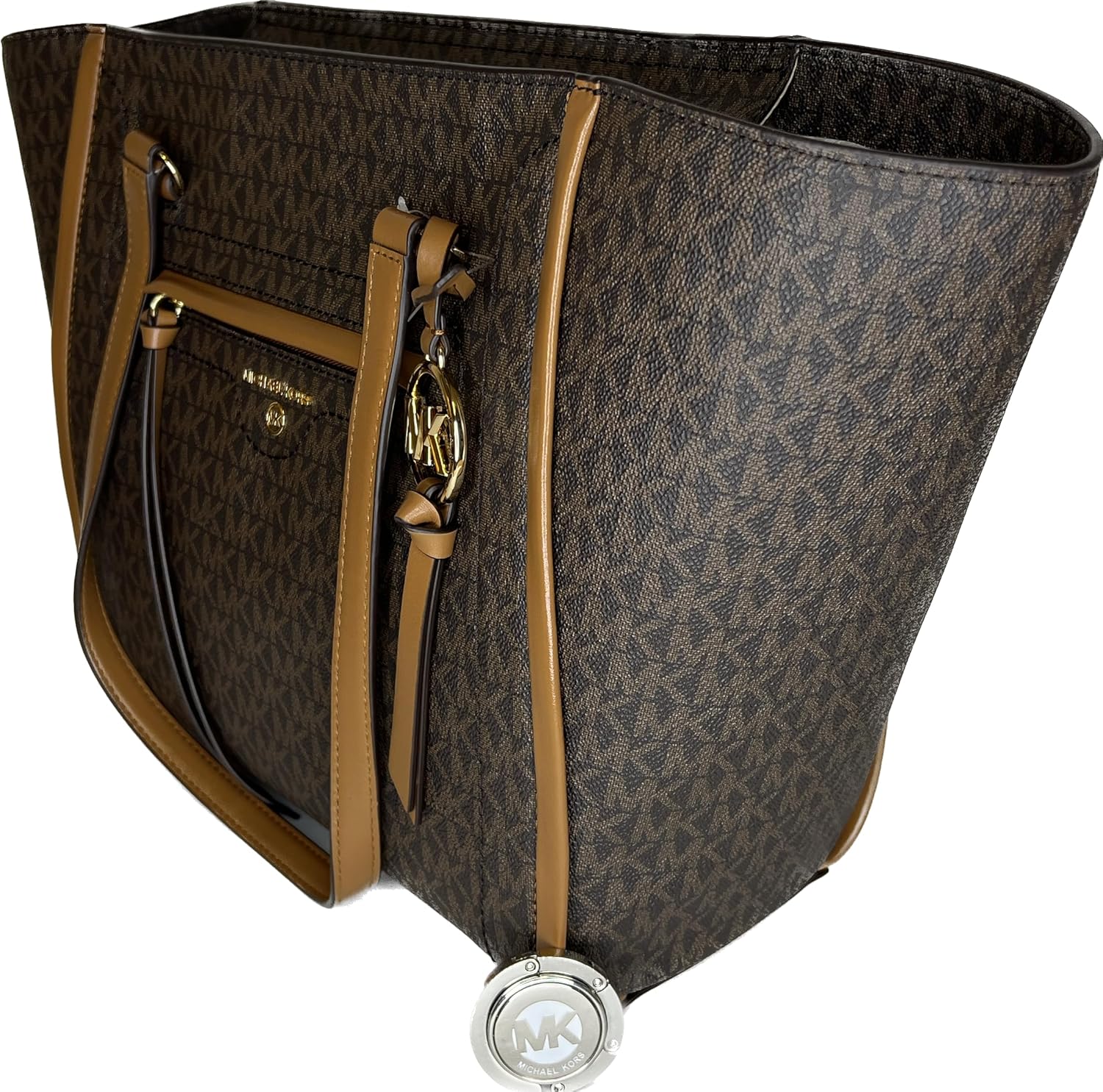 Michael Kors Carine MD Tote bundled with matching Trifold Wallet and Purse Hook (Signature MK Brown) · v4