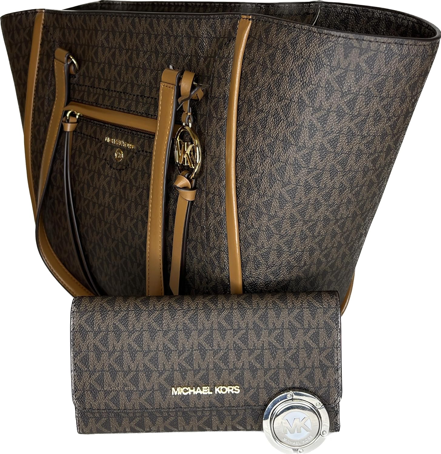 Michael Kors Carine MD Tote bundled with matching Trifold Wallet and Purse Hook (Signature MK Brown) · v4