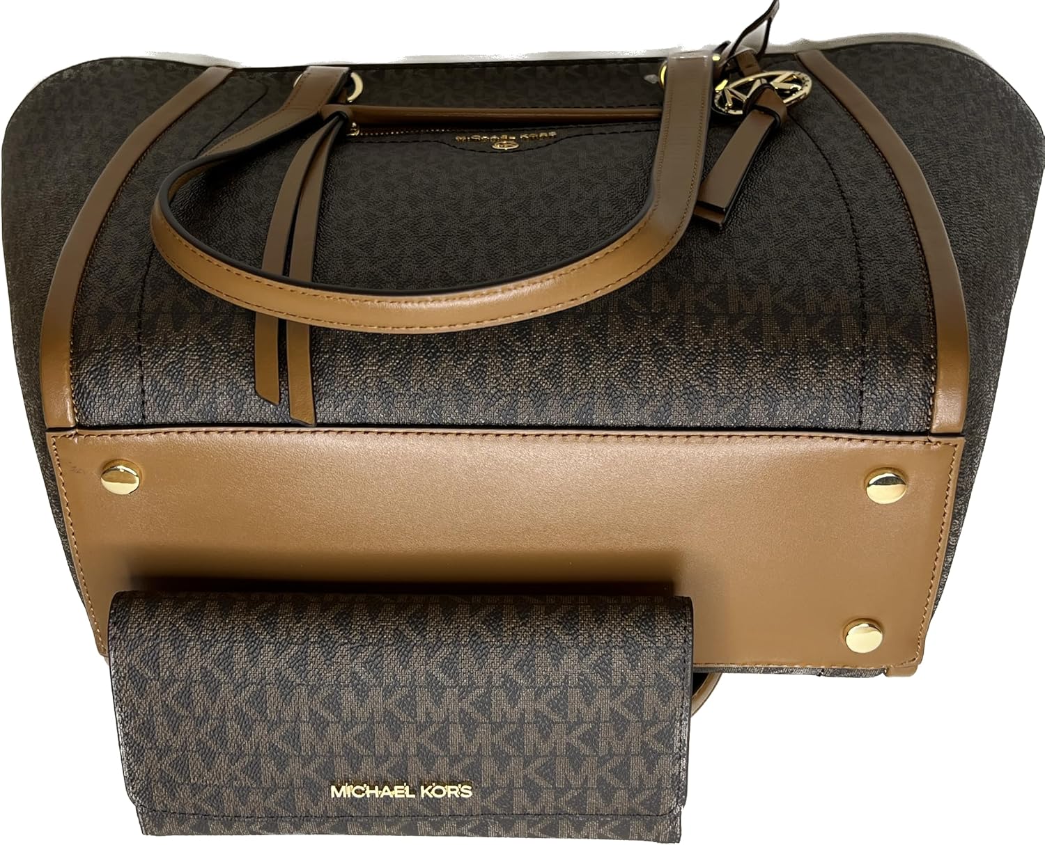 Michael Kors Carine MD Tote bundled with matching Trifold Wallet and Purse Hook (Signature MK Brown) · v4