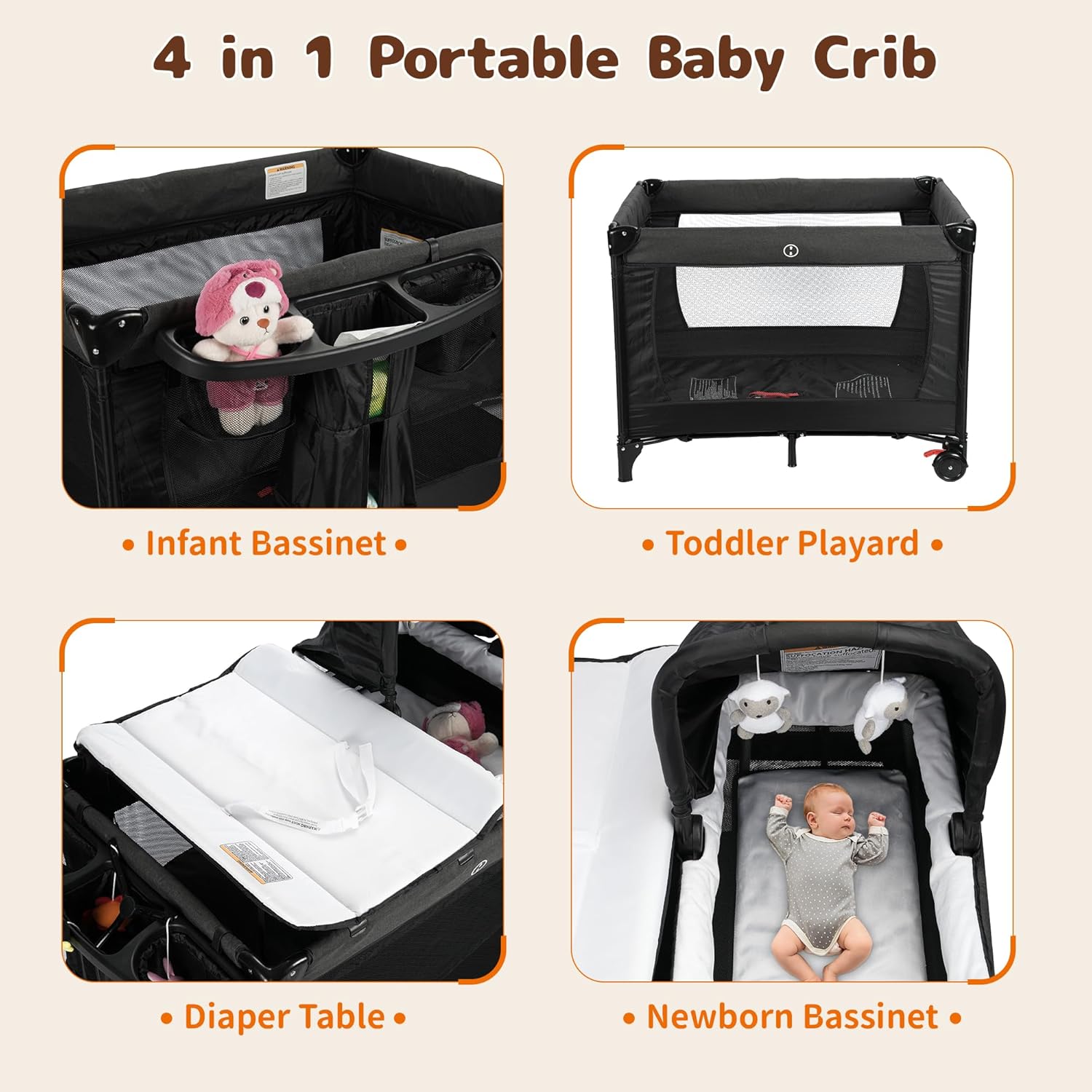 4 in-1 Pack and Play with Bassinet, Baby Crib Deluxe Nursery Center, Large Changing Table, Baby Playard with Foldable Mattress, Portable Travel Playard with Bassinet for Newborn, Infant, Toddler