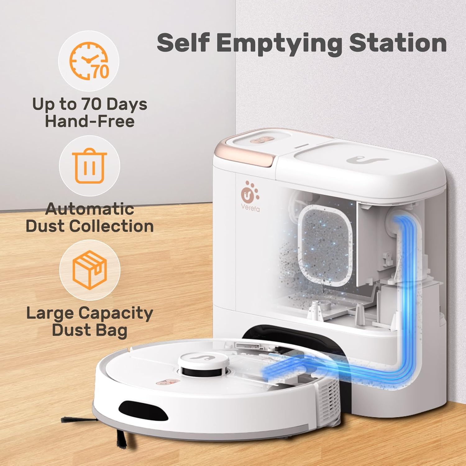 Verefa Self Emptying Robot Vacuum and Mop Combo, 5000Pa Suction, 70-Day Capacity, 260min Runtime, Lidar Navigation, Wi-Fi/App/Alexa Control, Robotic Vacuum Cleaner for Hard Floors, Carpets, Pet Hair · v2