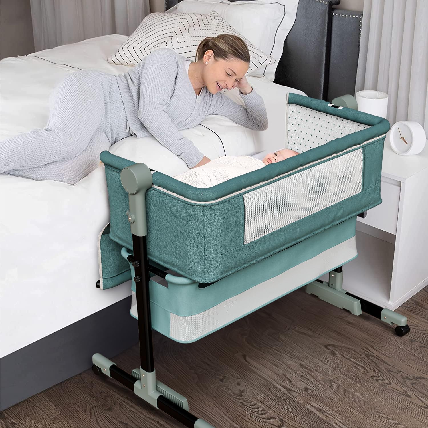 Baby Bedside Bassinet - Newborn Bassinet Bed with Adjustable Height, Storage Basket, and Comfy Mattress - Lightweight Next to Me Crib, Portable Arms Reach Co Sleeper Bassinet for Infant