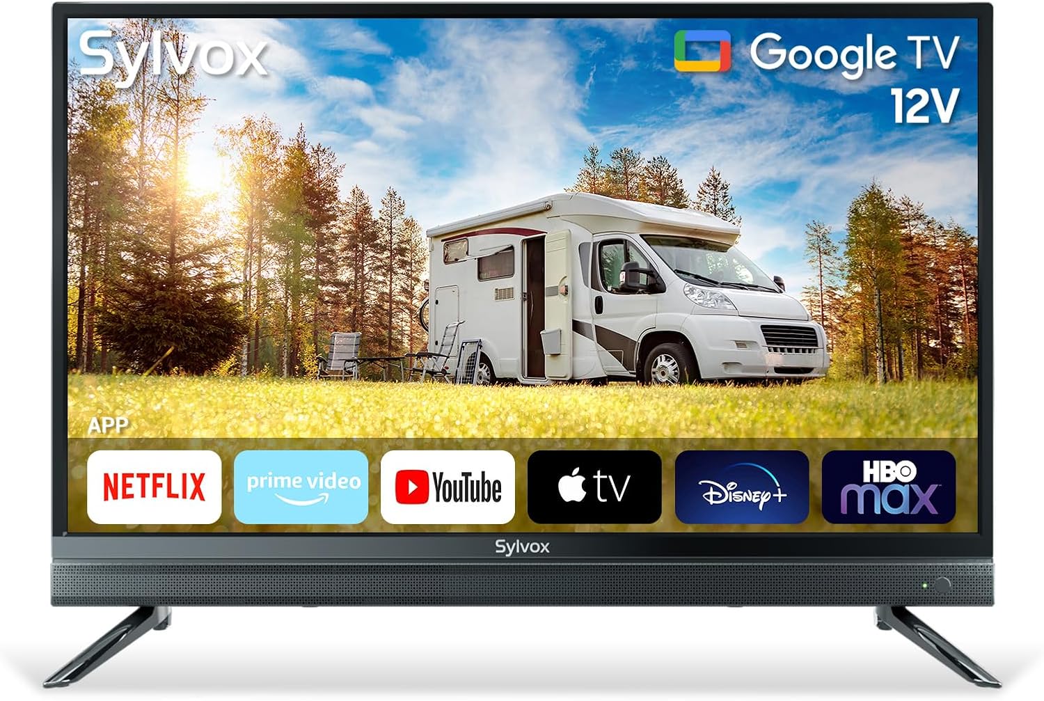 تلفزيون ذكي RV من SYLVOX، 32 بوصة 12 فولت، تلفزيون يعمل بالتيار المستمر/التيار المتردد بدقة 1080 بكسل، أحدث تلفزيون من Google، يدعم تنزيل التطبيقات، مساعد Google، بلوتوث واي فاي، تلفزيون ذكي للمنزل والسيارة والشاحنة
