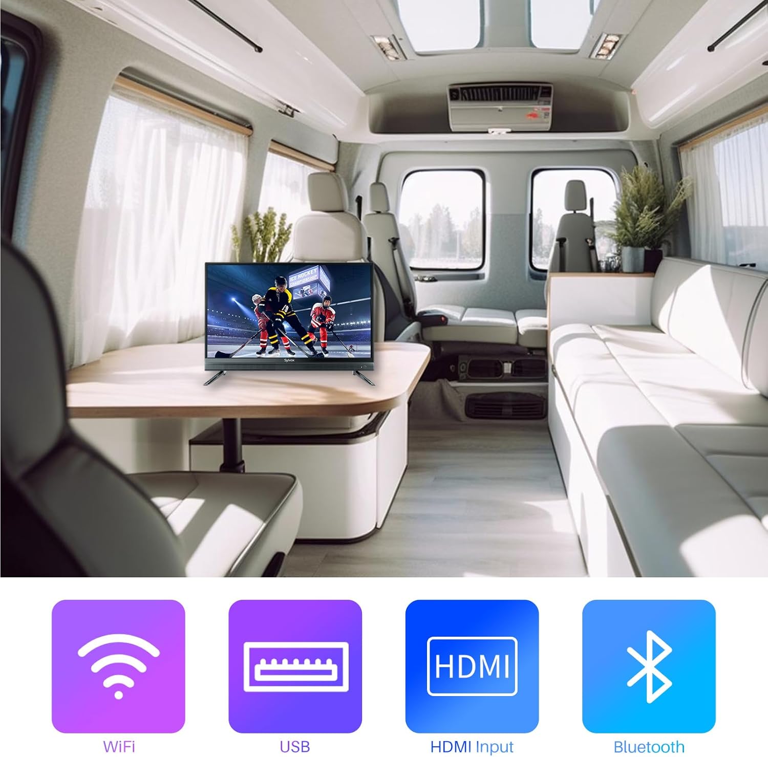 تلفزيون ذكي RV من SYLVOX، 32 بوصة 12 فولت، تلفزيون يعمل بالتيار المستمر/التيار المتردد بدقة 1080 بكسل، أحدث تلفزيون من Google، يدعم تنزيل التطبيقات، مساعد Google، بلوتوث واي فاي، تلفزيون ذكي للمنزل والسيارة والشاحنة