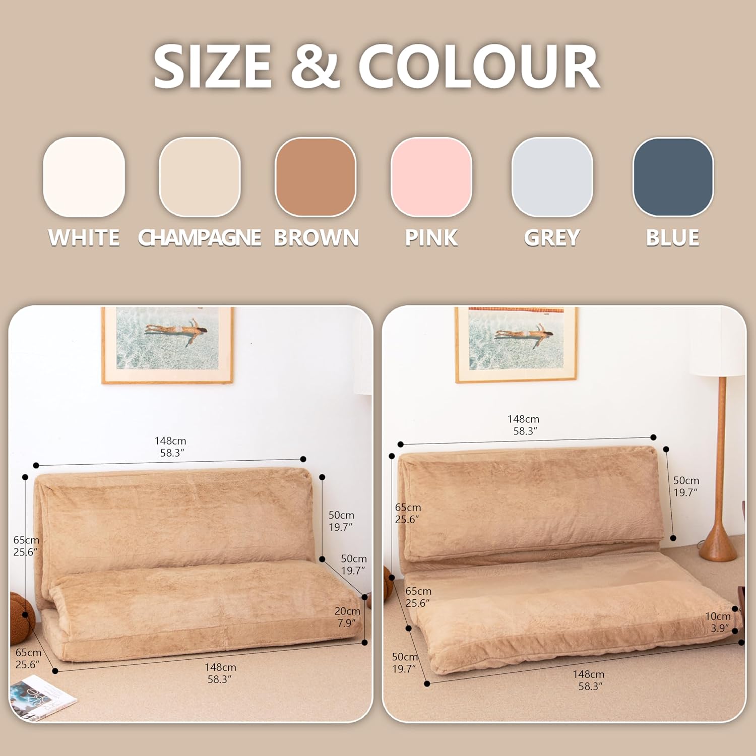 NV Faltmatratze, Sofa, Sitzsack, Bett, zusammenklappbares Matratzensofa mit Schaumstofffüllung, inklusive abnehmbarem und maschinenwaschbarem Bezug, weiches Premium-Kunstfell (groß, grau)