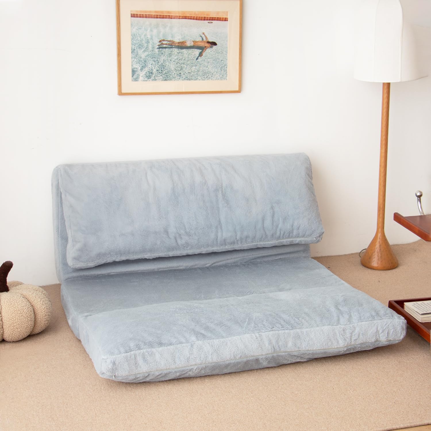 NV Faltmatratze, Sofa, Sitzsack, Bett, zusammenklappbares Matratzensofa mit Schaumstofffüllung, inklusive abnehmbarem und maschinenwaschbarem Bezug, weiches Premium-Kunstfell (groß, grau)
