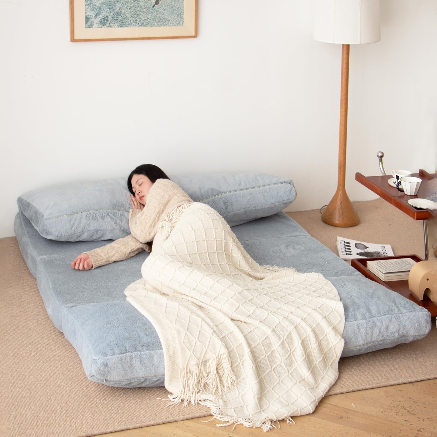 NV Faltmatratze, Sofa, Sitzsack, Bett, zusammenklappbares Matratzensofa mit Schaumstofffüllung, inklusive abnehmbarem und maschinenwaschbarem Bezug, weiches Premium-Kunstfell (groß, grau)