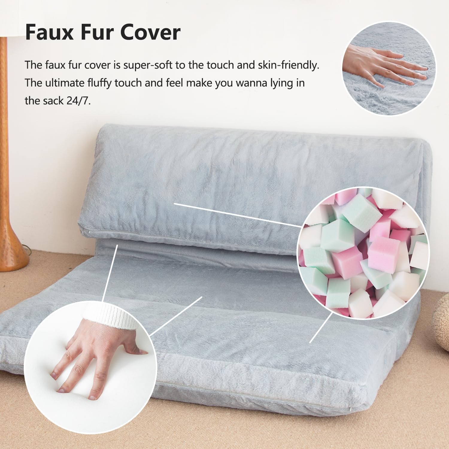 NV Faltmatratze, Sofa, Sitzsack, Bett, zusammenklappbares Matratzensofa mit Schaumstofffüllung, inklusive abnehmbarem und maschinenwaschbarem Bezug, weiches Premium-Kunstfell (groß, grau)
