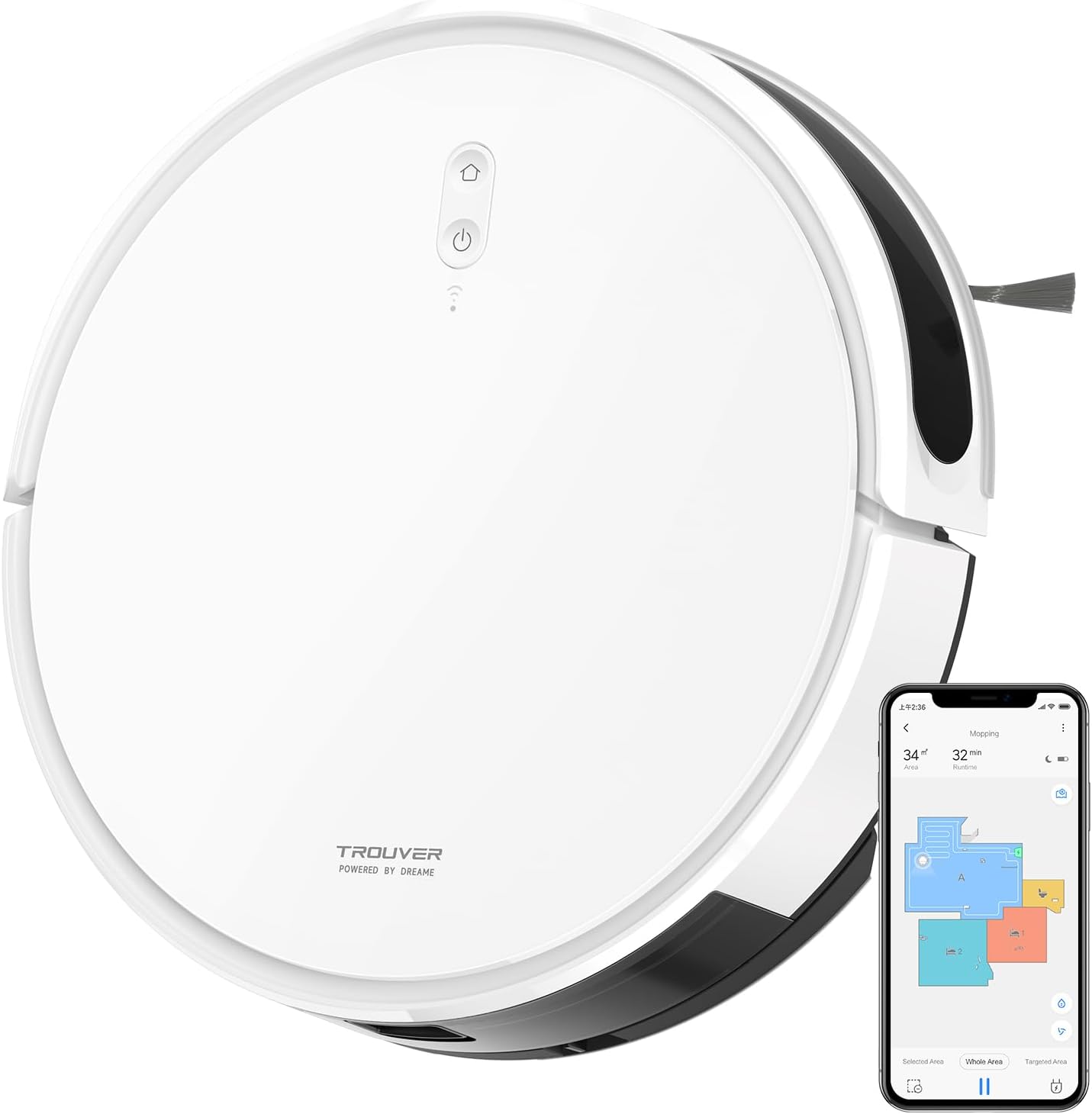 Robot aspirapolvere e mocio Dreame Trouver M1, potenza di aspirazione 4500 Pa, navigazione SoF LiDAR, corpo compatto, compatibile con Alexa/Google Home/Siri, perfetto per pavimenti duri, tappeti e peli di animali domestici