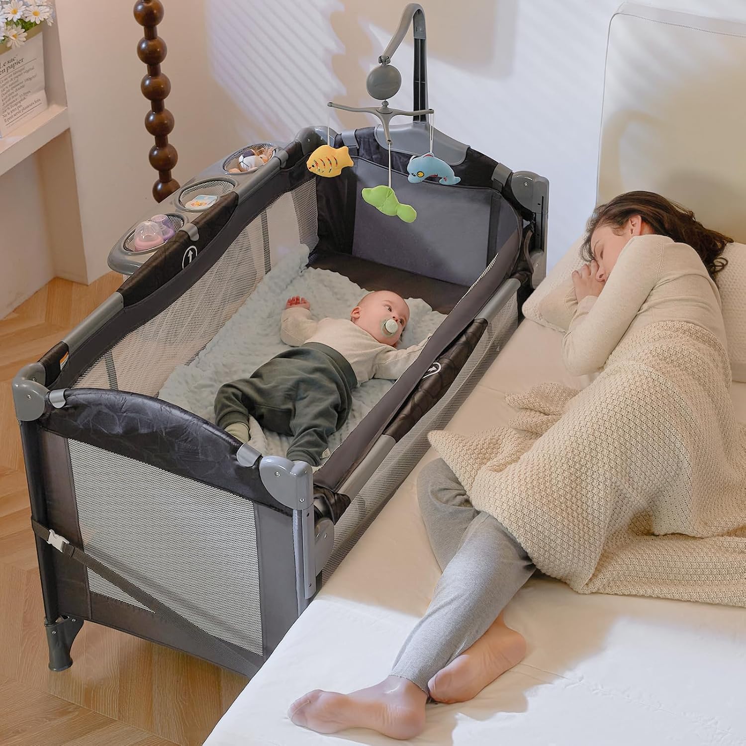 Tempat Tidur Bayi RONBEI Tempat Tidur Bayi Samping Tempat Tidur Bayi Tempat Tidur Bayi dengan Meja Ganti, Tempat Tidur Bayi Portabel 4 in 1