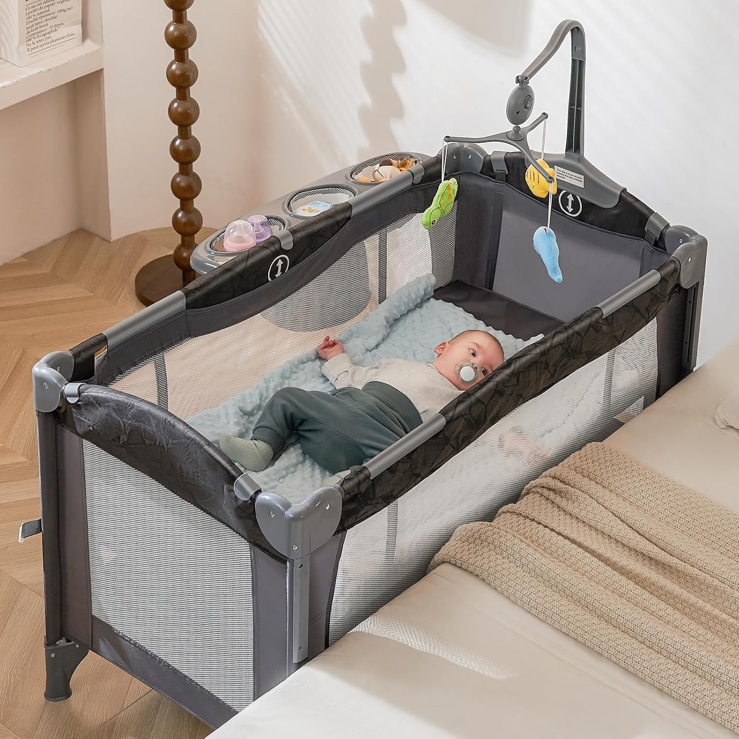 RONBEI Baby Bedside Sleeper Bassinet Playpen Playards with Changing Table, 4 in 1 Portable Baby Crib Playard · v2