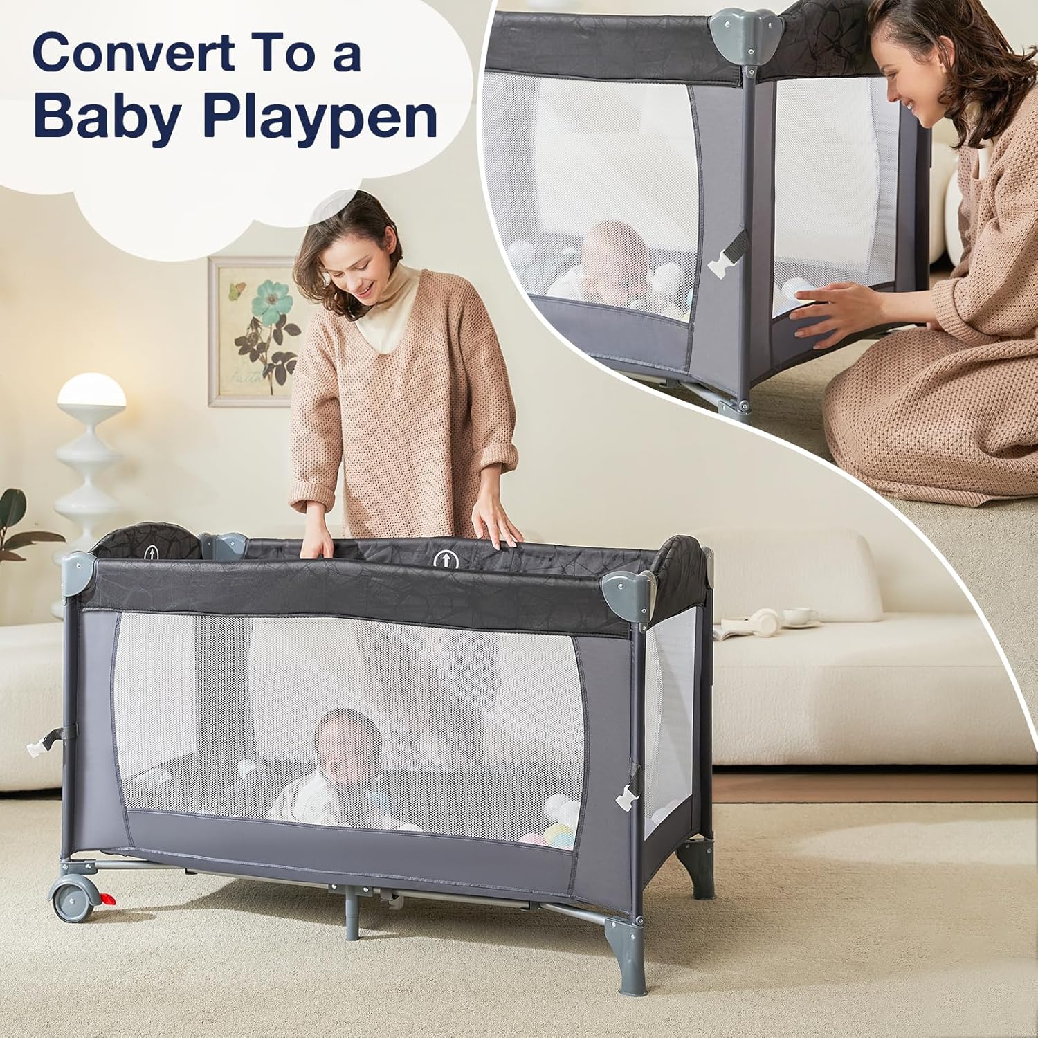 RONBEI Baby Bedside Sleeper Bassinet Playpen Playards with Changing Table, 4 in 1 Portable Baby Crib Playard · v2