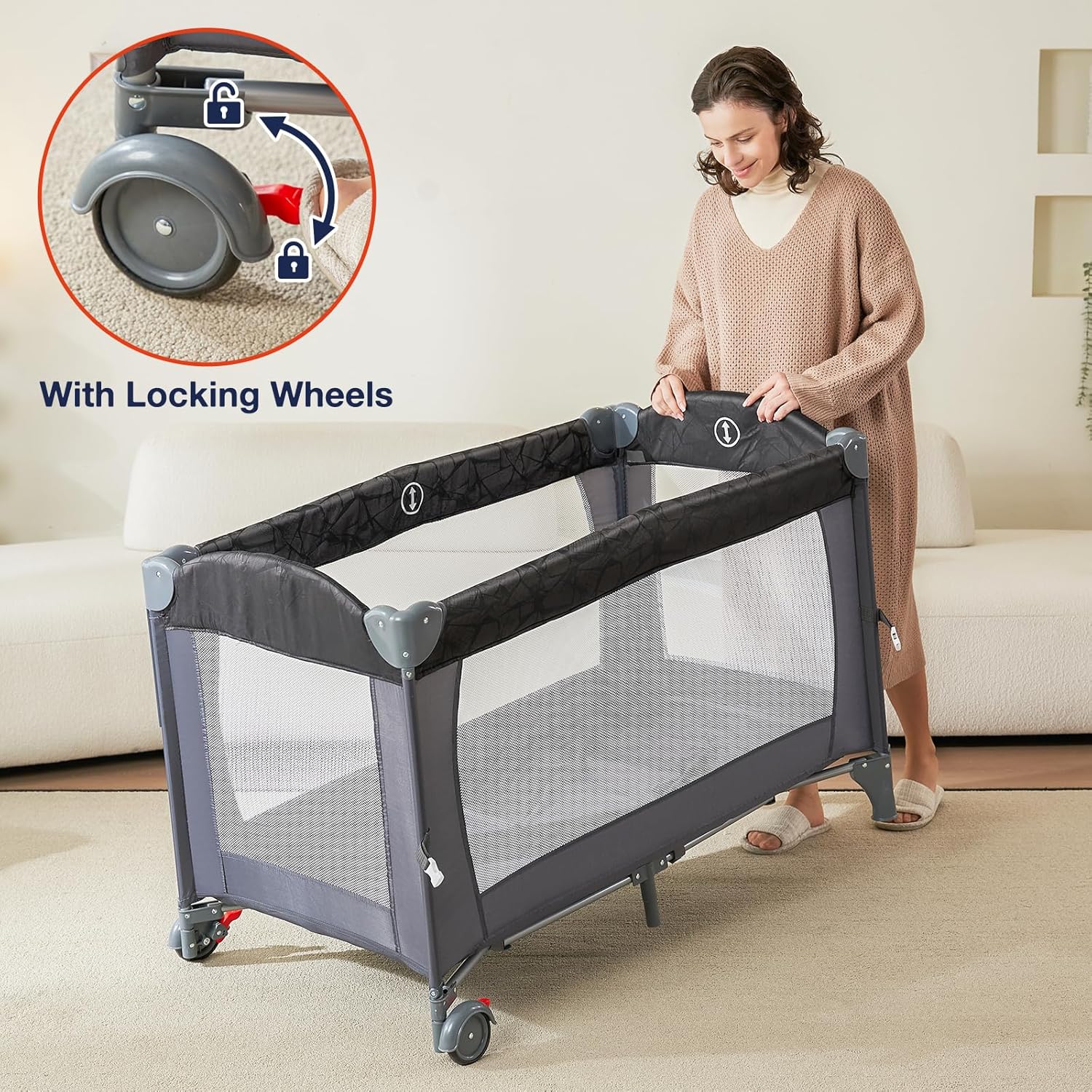 RONBEI Baby Bedside Sleeper Bassinet Playpen Playards with Changing Table, 4 in 1 Portable Baby Crib Playard · v2
