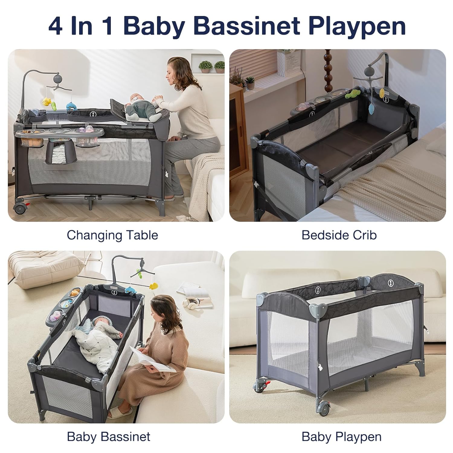 RONBEI Baby Bedside Sleeper Bassinet Playpen Playards with Changing Table, 4 in 1 Portable Baby Crib Playard · v2