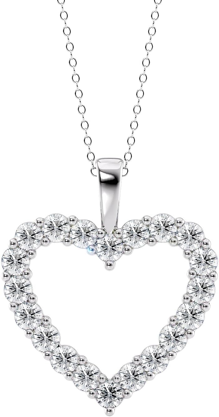 Klassischer Herzanhänger für Damen, 1 bis 3 Karat Lab-Grown Diamond, I Anhänger aus 14-karätigem Weißgold, 16 bis 18 Zoll, verstellbare Silberkette (E-F, VS1, cttw) I Karabinerverschluss