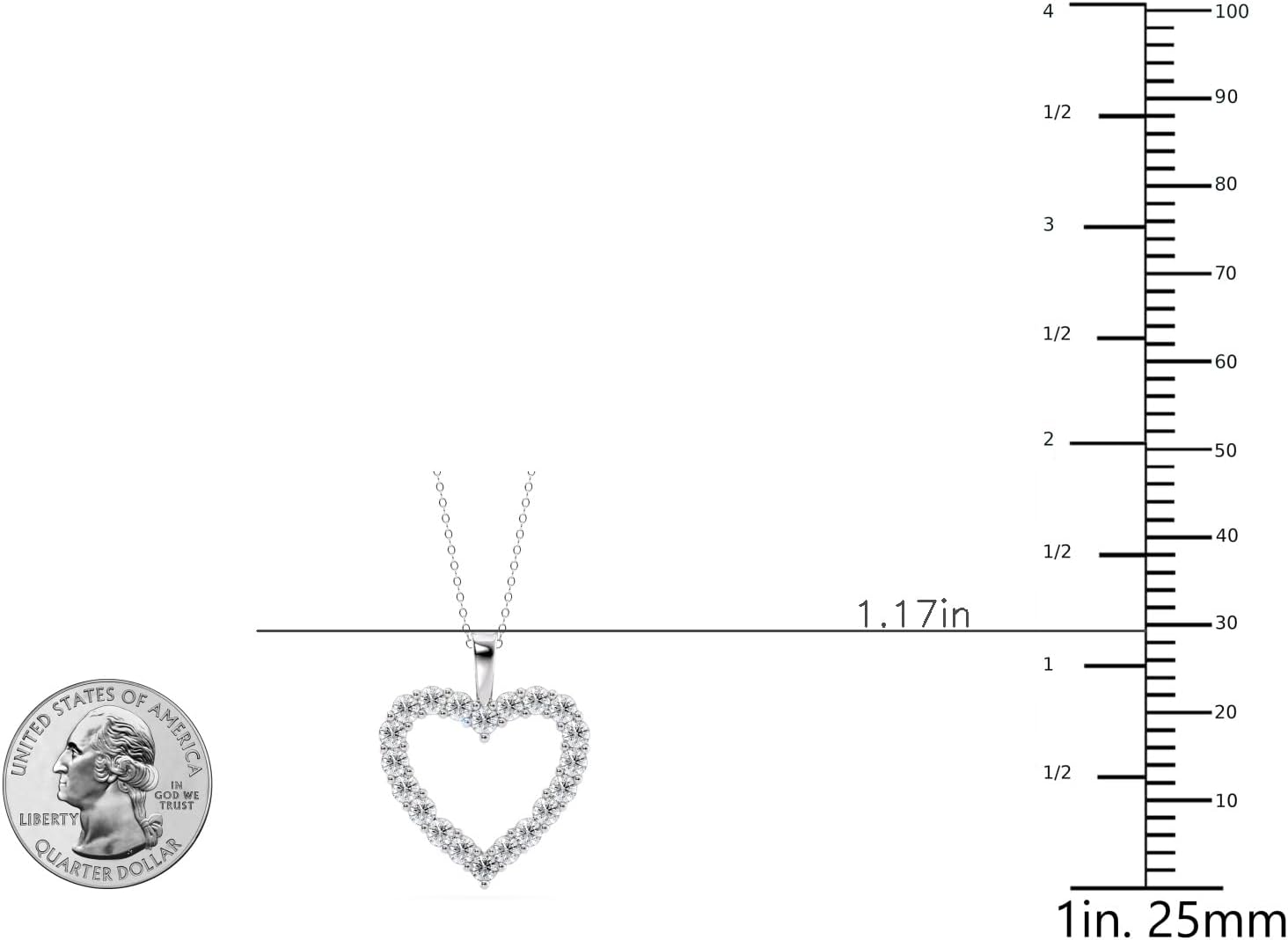 Klassieke halsketting met hartvormige hanger van 1 tot 3 karaat, in het lab gekweekte diamanten, met 14-karaats witgouden hanger, verstelbare zilveren ketting van 16 tot 18 inch (E-F, VS1, cttw) I karabijnsluiting