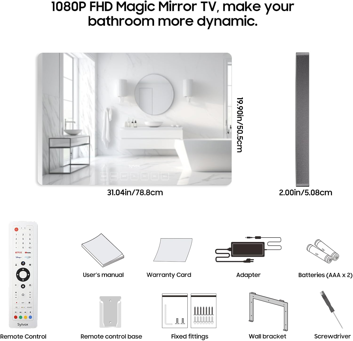 SYLVOX 32インチ スマートテレビ バスルーム マジックミラー 防水 LEDテレビ 1080P 500NITS 高輝度 デュアルフロントスピーカー 壁掛け バスルーム、ホテル、サウナに最適