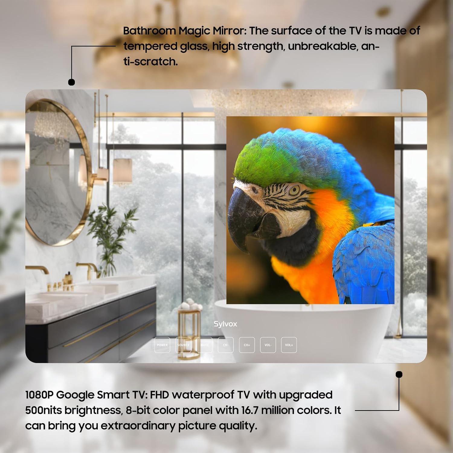 SYLVOX 32インチ スマートテレビ バスルーム マジックミラー 防水 LEDテレビ 1080P 500NITS 高輝度 デュアルフロントスピーカー 壁掛け バスルーム、ホテル、サウナに最適