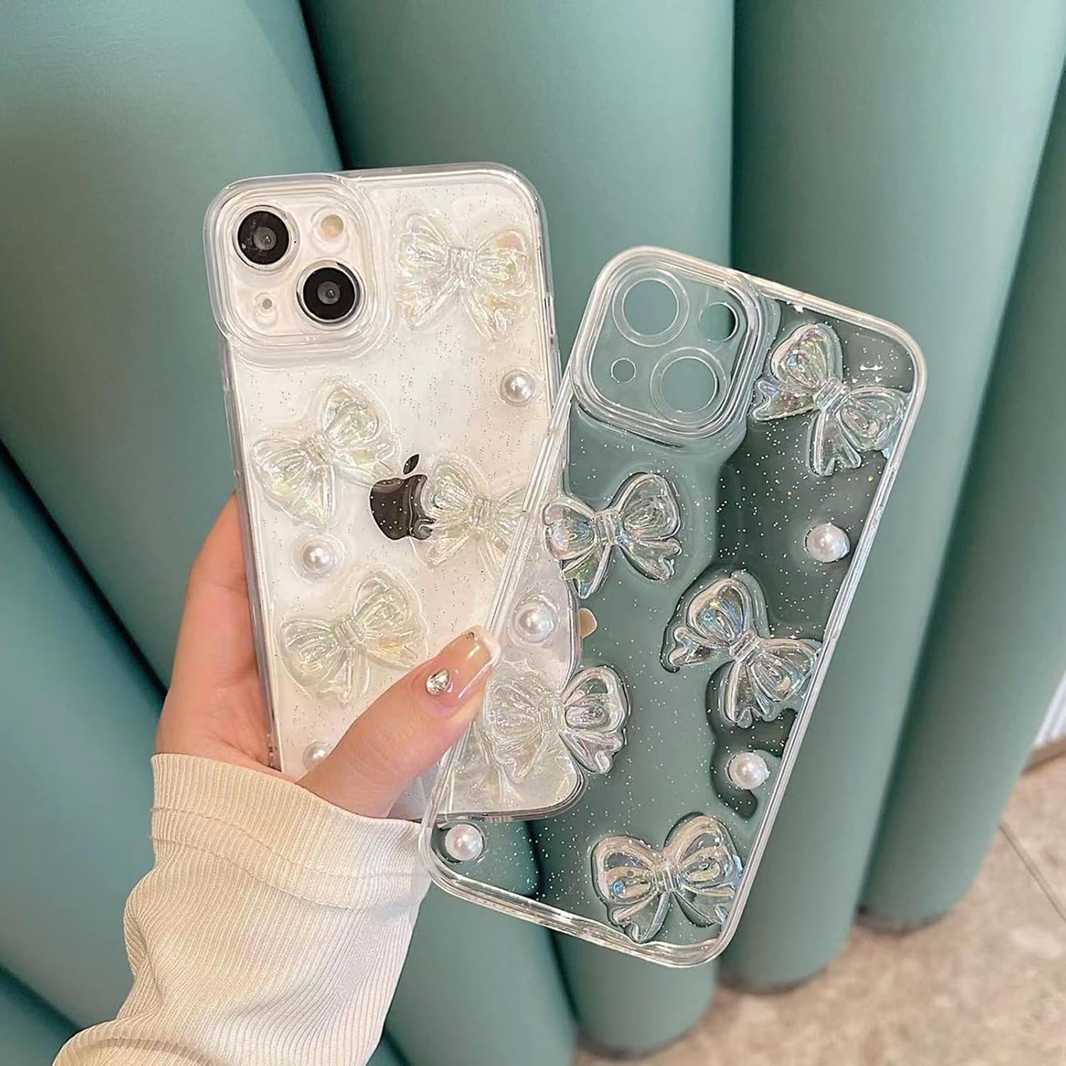 Ownest compatibile con iPhone 13, custodia protettiva per telefono con simpatici fiocchi 3D trasparenti e motivi estetici perlati per donne e ragazze adolescenti, retro scintillante con glitter e protezione completa dell'obiettivo