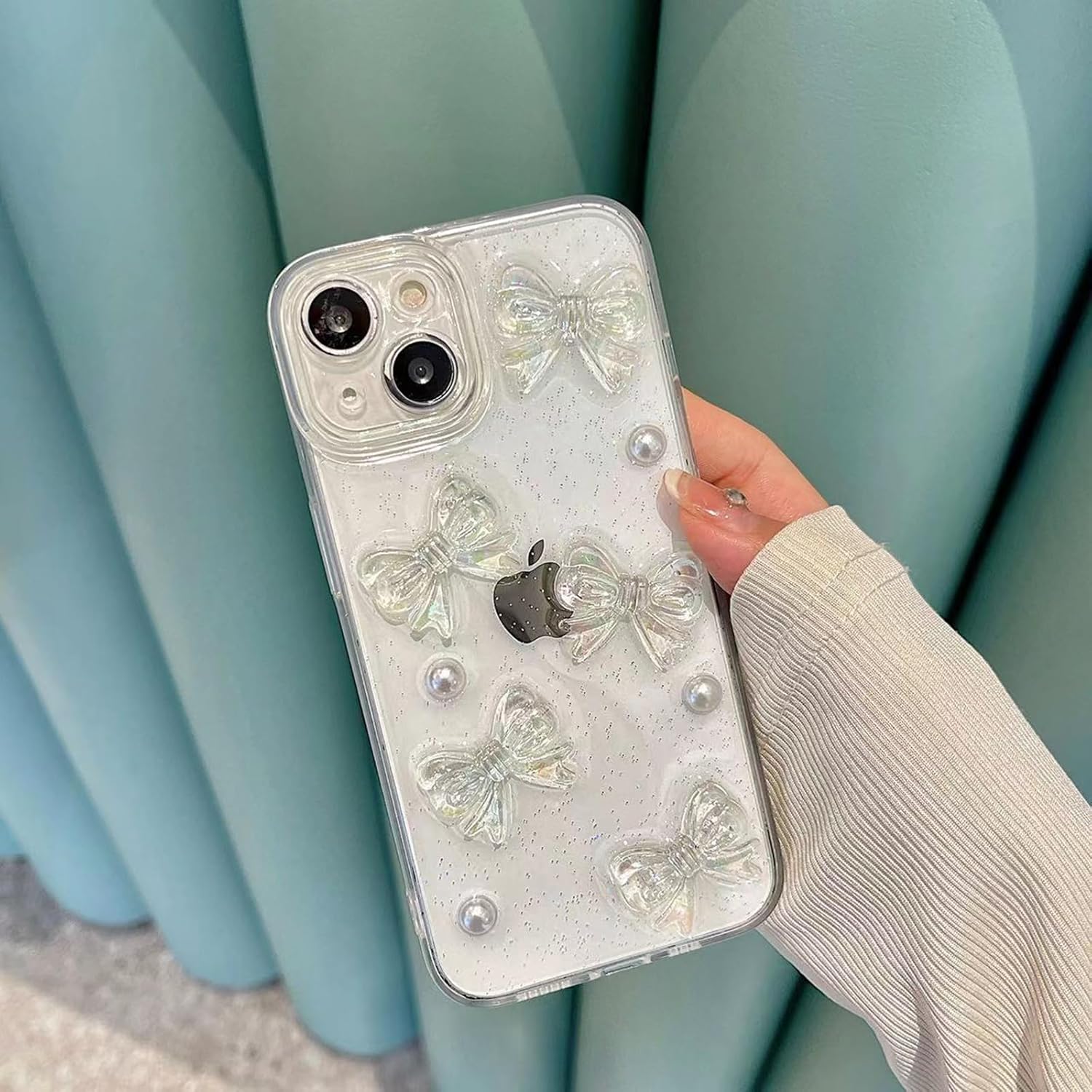 Ownest compatibile con iPhone 13, custodia protettiva per telefono con simpatici fiocchi 3D trasparenti e motivi estetici perlati per donne e ragazze adolescenti, retro scintillante con glitter e protezione completa dell'obiettivo
