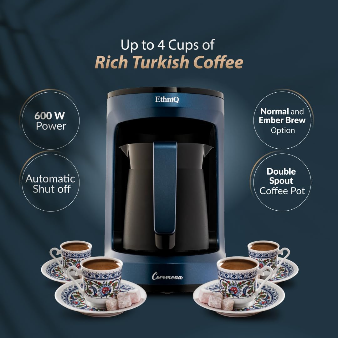 ETHNIQ Türk Kahvesi Makinesi -% 100 BPA İçermez, 120V, Cook Sense Teknolojisi ile 1 ila 4 Fincan Demleme Kapasitesi, Türk Kahvesi, Türk Kahvesi - Mavi