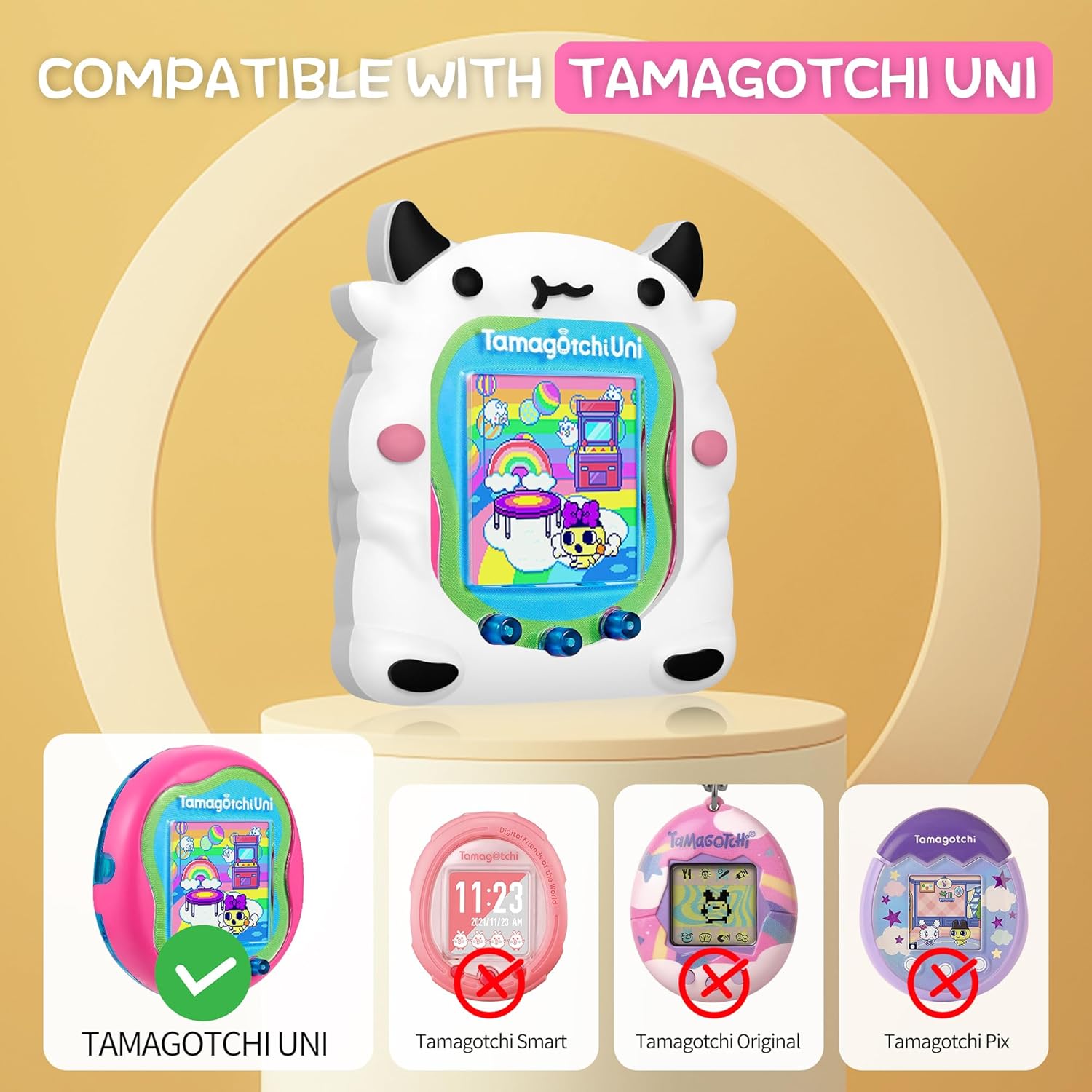 Simpatica custodia compatibile con Tamagotchi Uni, simpatica custodia protettiva in silicone 3D con motivo Dairy Dow per macchina virtuale Tamagotchi Uni per animali domestici virtuale Tamagotchi Uni con cordino da dito