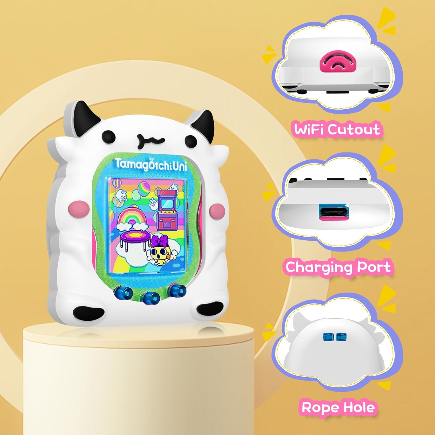Simpatica custodia compatibile con Tamagotchi Uni, simpatica custodia protettiva in silicone 3D con motivo Dairy Dow per macchina virtuale Tamagotchi Uni per animali domestici virtuale Tamagotchi Uni con cordino da dito