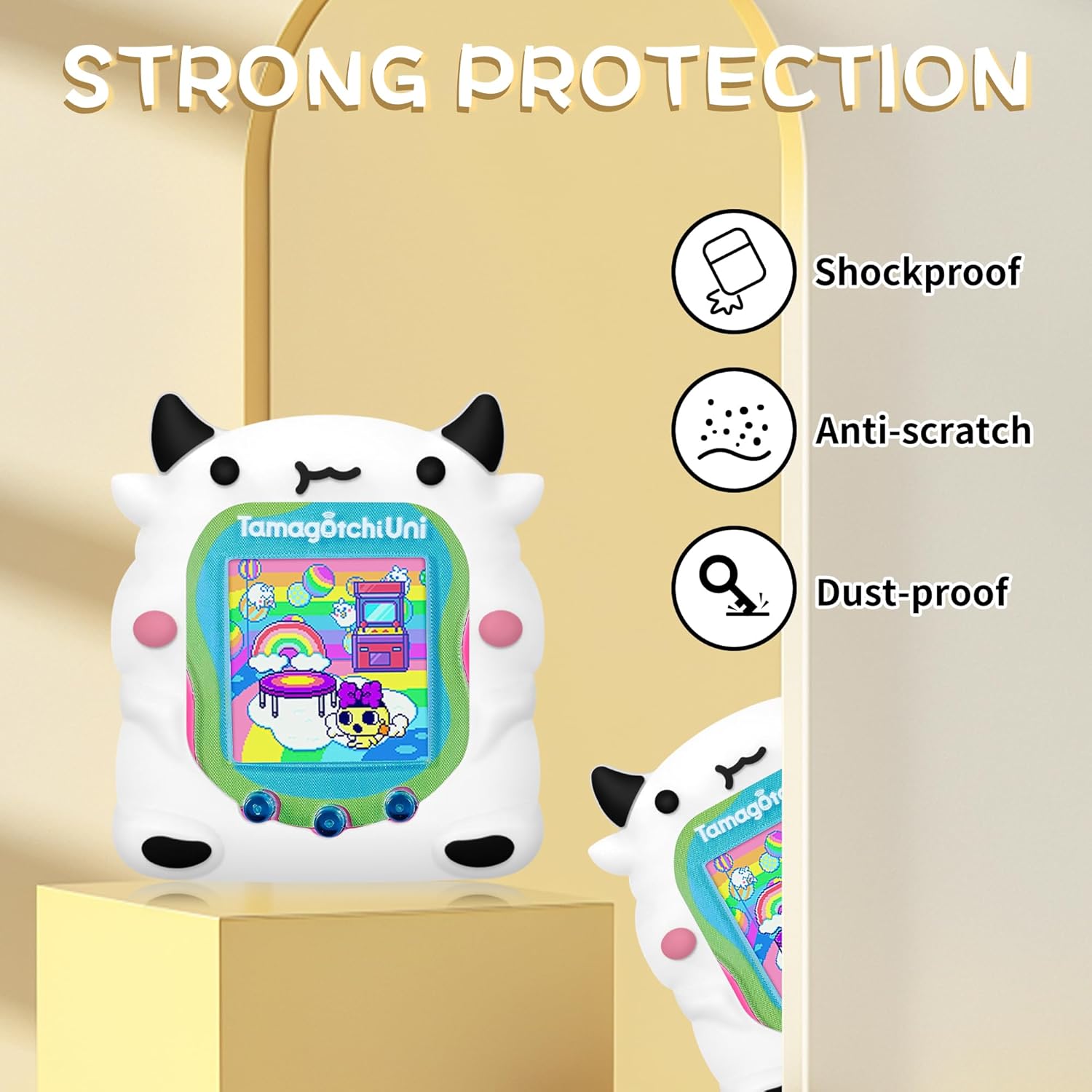 Simpatica custodia compatibile con Tamagotchi Uni, simpatica custodia protettiva in silicone 3D con motivo Dairy Dow per macchina virtuale Tamagotchi Uni per animali domestici virtuale Tamagotchi Uni con cordino da dito