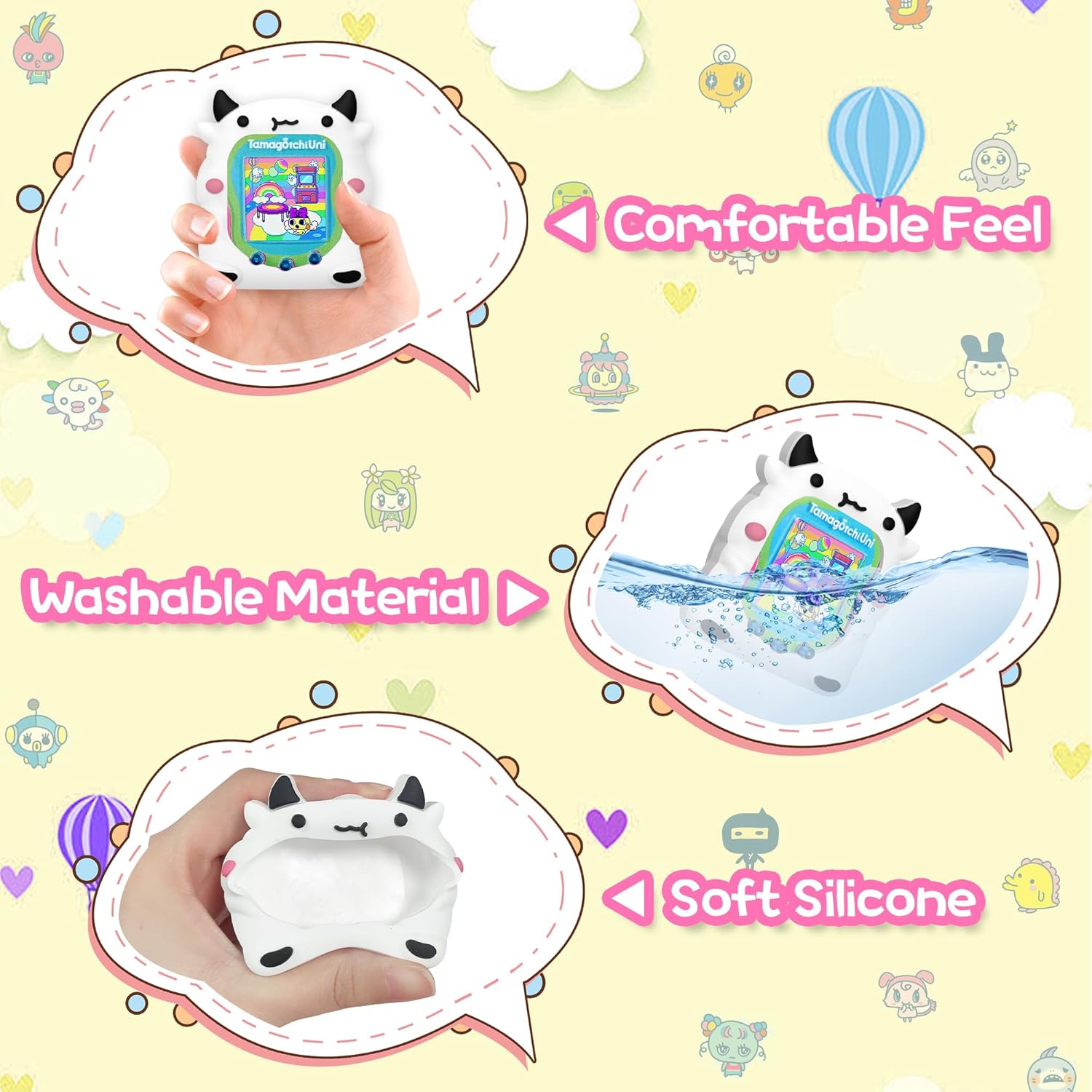 Simpatica custodia compatibile con Tamagotchi Uni, simpatica custodia protettiva in silicone 3D con motivo Dairy Dow per macchina virtuale Tamagotchi Uni per animali domestici virtuale Tamagotchi Uni con cordino da dito