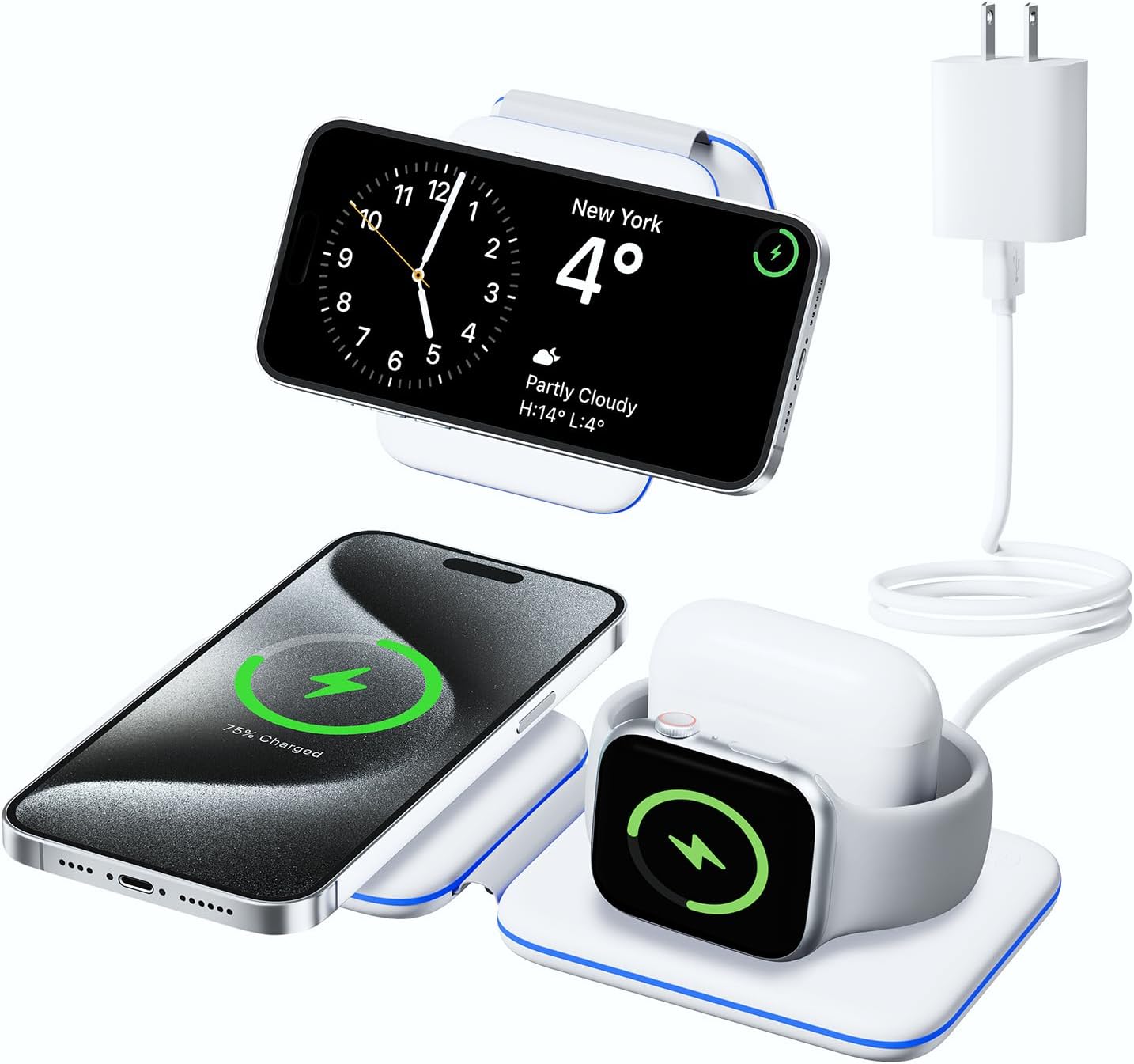 Apple Çoklu Cihazlar için Şarj İstasyonu, iPhone 15/14/13/12/Pro/Plus/Max için 3'ü 1 Arada Manyetik Kablosuz Şarj Yuvası, Apple Watch 9/8/Ultra 2/7/6/SE/5/4/3 AirPods 1/2/3/Pro için Seyahat Şarj Cihazı