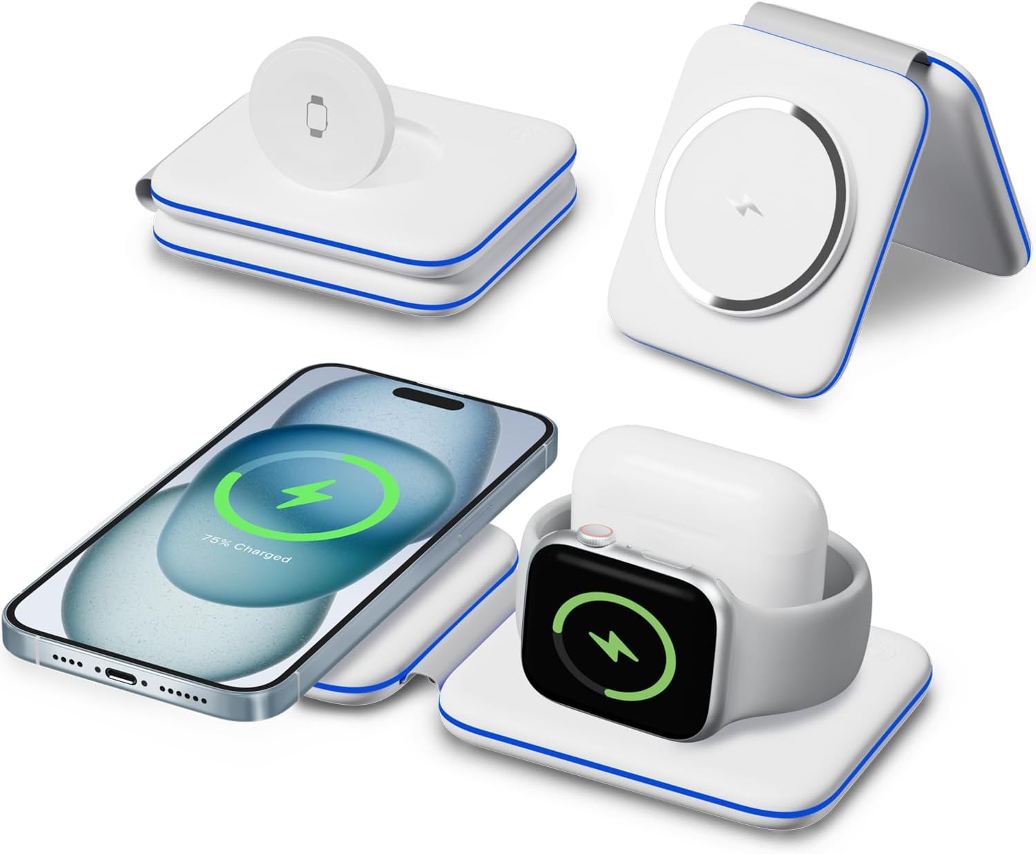 Apple Çoklu Cihazlar için Şarj İstasyonu, iPhone 15/14/13/12/Pro/Plus/Max için 3'ü 1 Arada Manyetik Kablosuz Şarj Yuvası, Apple Watch 9/8/Ultra 2/7/6/SE/5/4/3 AirPods 1/2/3/Pro için Seyahat Şarj Cihazı