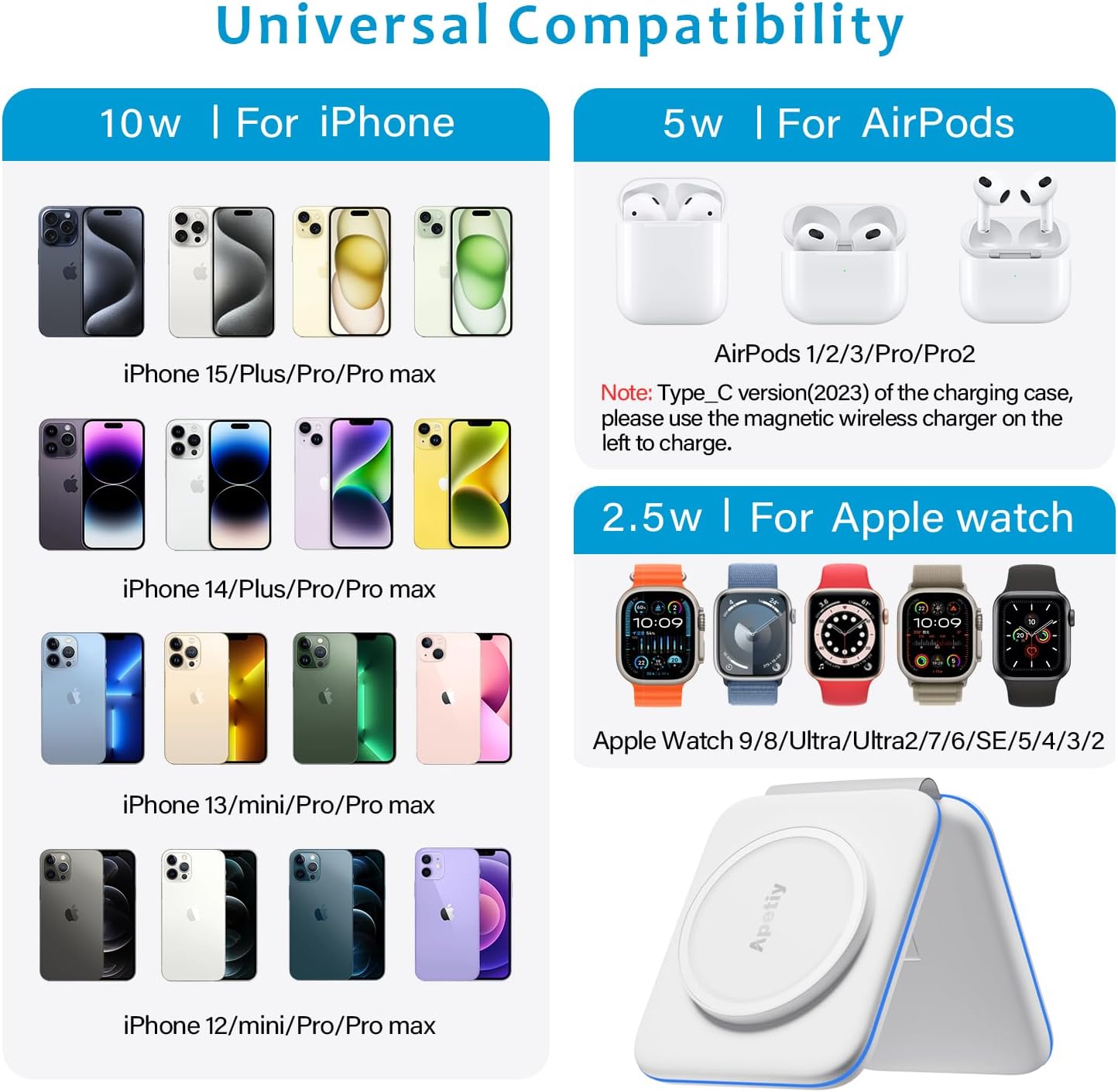 Apple Çoklu Cihazlar için Şarj İstasyonu, iPhone 15/14/13/12/Pro/Plus/Max için 3'ü 1 Arada Manyetik Kablosuz Şarj Yuvası, Apple Watch 9/8/Ultra 2/7/6/SE/5/4/3 AirPods 1/2/3/Pro için Seyahat Şarj Cihazı