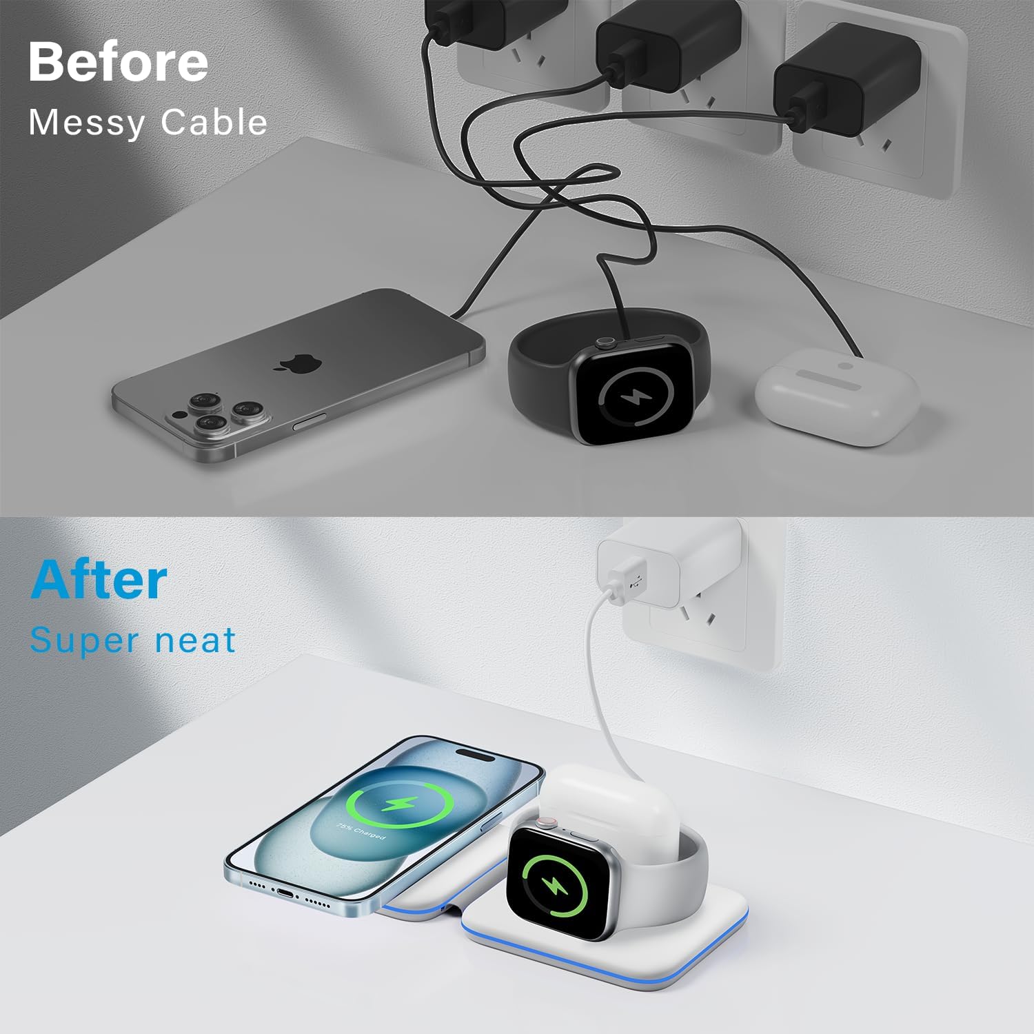 Apple Çoklu Cihazlar için Şarj İstasyonu, iPhone 15/14/13/12/Pro/Plus/Max için 3'ü 1 Arada Manyetik Kablosuz Şarj Yuvası, Apple Watch 9/8/Ultra 2/7/6/SE/5/4/3 AirPods 1/2/3/Pro için Seyahat Şarj Cihazı