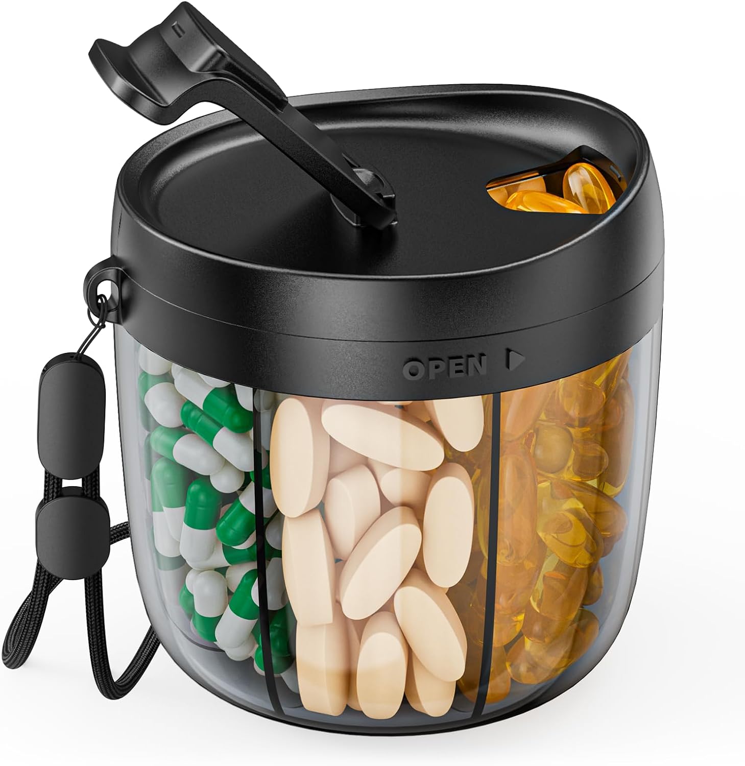 PULIV Portable Pill Dispenser Bottle, Vitamin Organizer with 7 Compartments, Holds Plenty of Supplements with Anti-Mixing  Wide Openings Design, Easy to Retrieve Meds, Includes 20 Pcs Sticky Labels