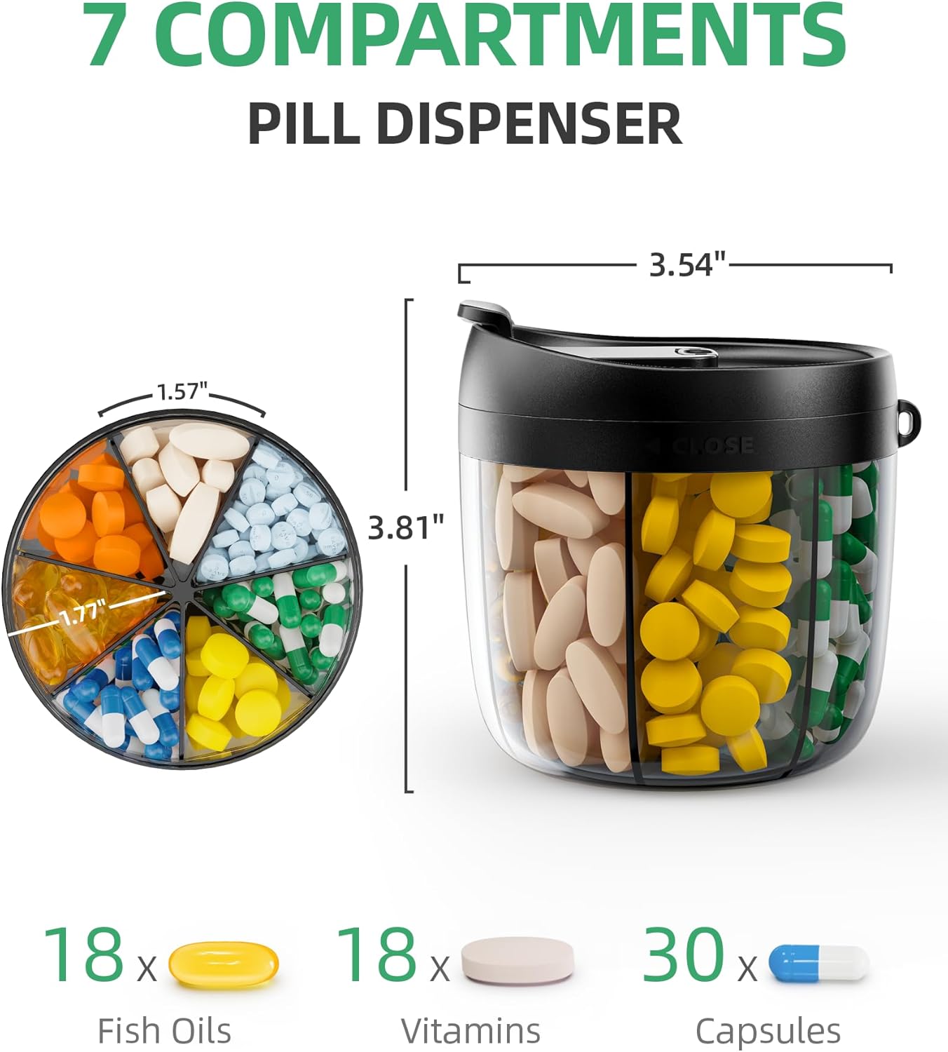 PULIV Portable Pill Dispenser Bottle, Vitamin Organizer with 7 Compartments, Holds Plenty of Supplements with Anti-Mixing  Wide Openings Design, Easy to Retrieve Meds, Includes 20 Pcs Sticky Labels