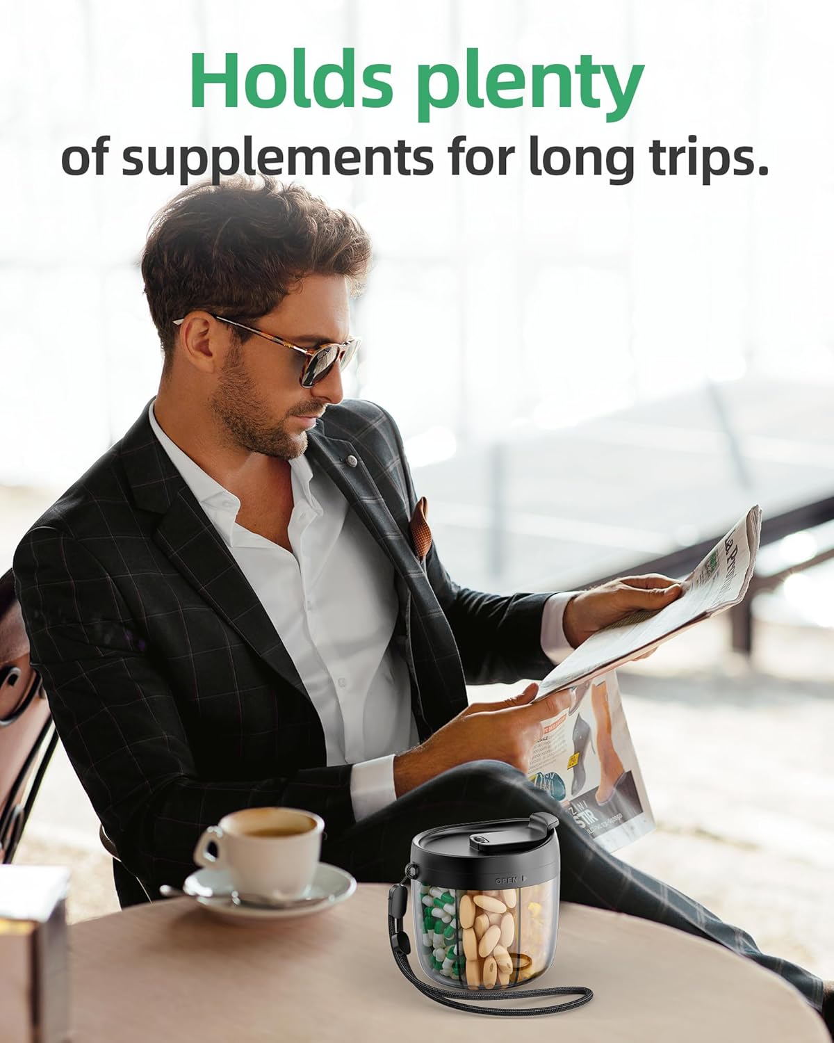 PULIV Portable Pill Dispenser Bottle, Vitamin Organizer with 7 Compartments, Holds Plenty of Supplements with Anti-Mixing  Wide Openings Design, Easy to Retrieve Meds, Includes 20 Pcs Sticky Labels