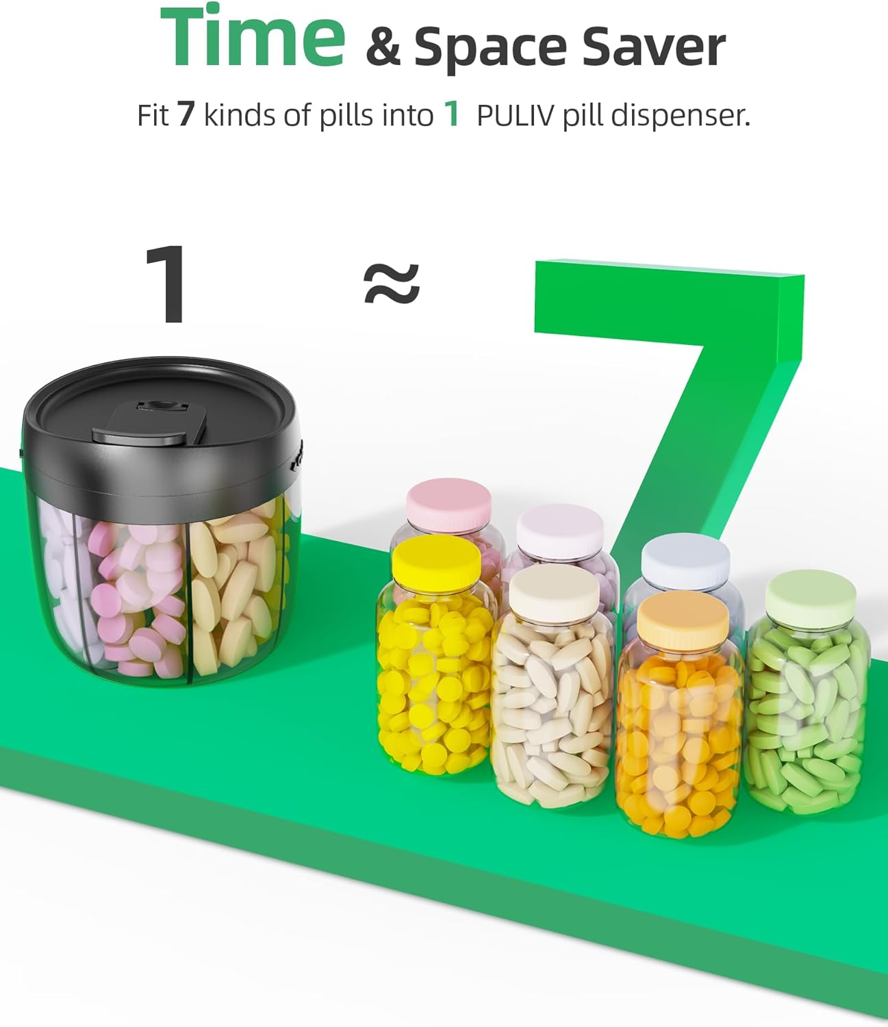 PULIV Portable Pill Dispenser Bottle, Vitamin Organizer with 7 Compartments, Holds Plenty of Supplements with Anti-Mixing  Wide Openings Design, Easy to Retrieve Meds, Includes 20 Pcs Sticky Labels