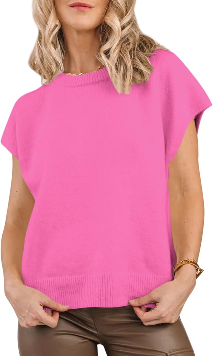 Saodimallsu Rompi Sweter Tanpa Lengan Ukuran Besar untuk Wanita, Leher Bulat, Lengan Pendek, Tunik Rajut Kasual, Atasan Tank Top