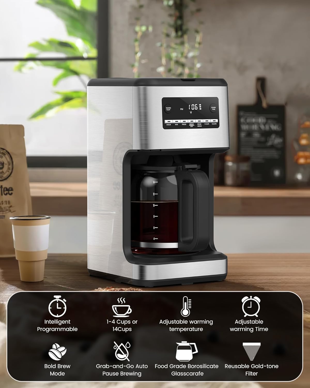 COWSAR 14-Cup Coffee Maker, 24-Hour Programmable Coffee Brewer, Keep Warm, Drip Free, Washable Filter, Stainless Steel, Silver · v2