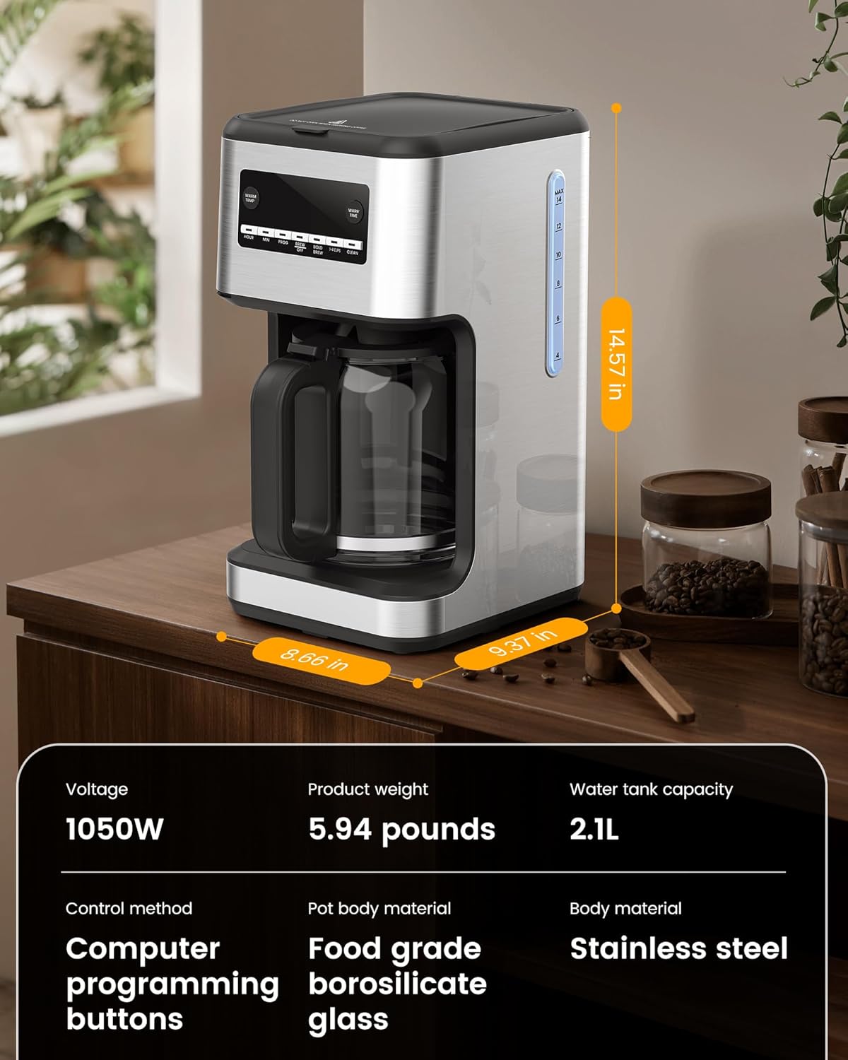 COWSAR 14-Cup Coffee Maker, 24-Hour Programmable Coffee Brewer, Keep Warm, Drip Free, Washable Filter, Stainless Steel, Silver · v2