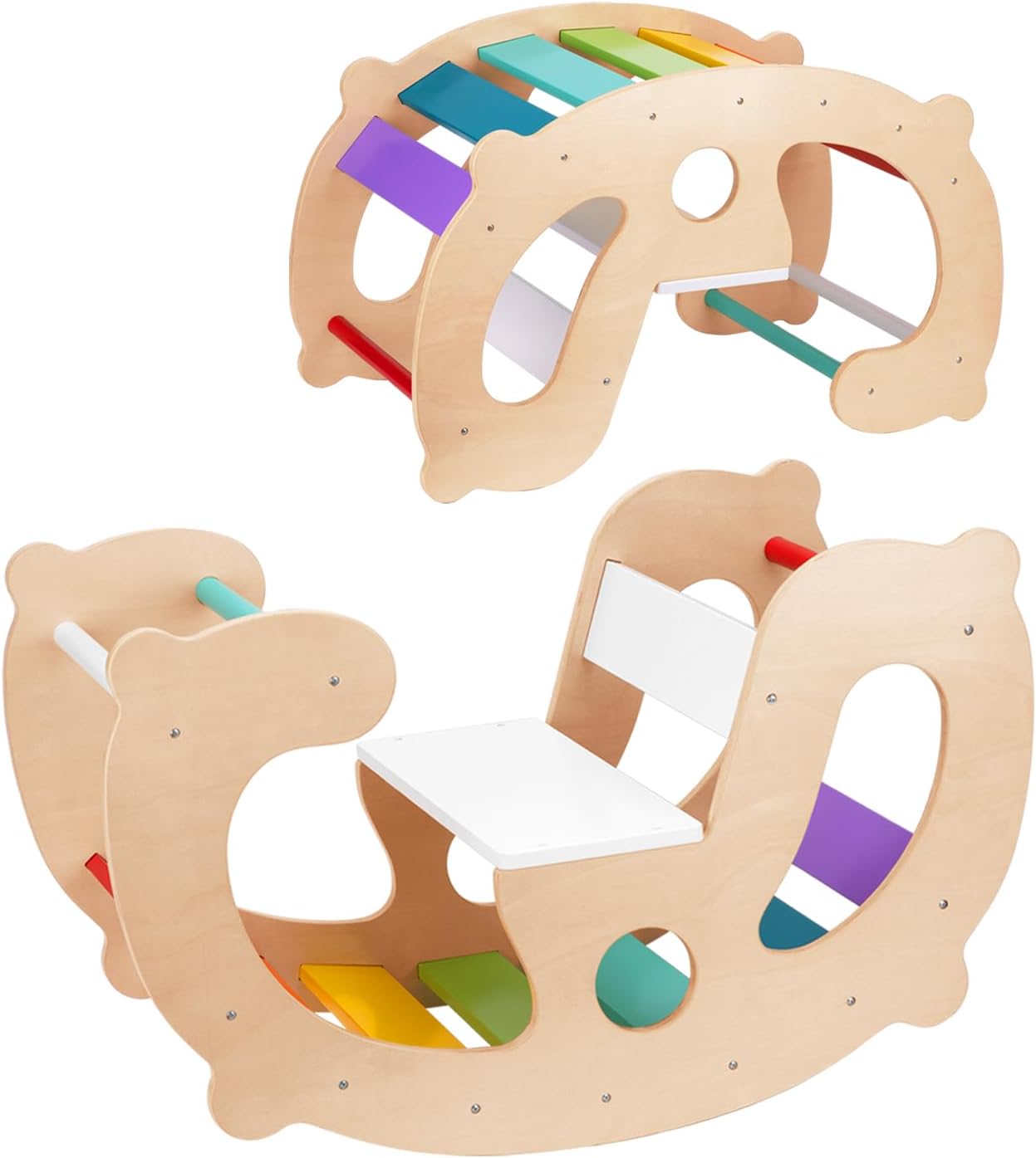 2 in 1 Rainbow Climbing Toys - Pikler Montessori Climbing Set, Wooden Rocking Horse Toy, Children Indoor Outdoor Play Gym Learning Playset, Playground for Kids Present · v4