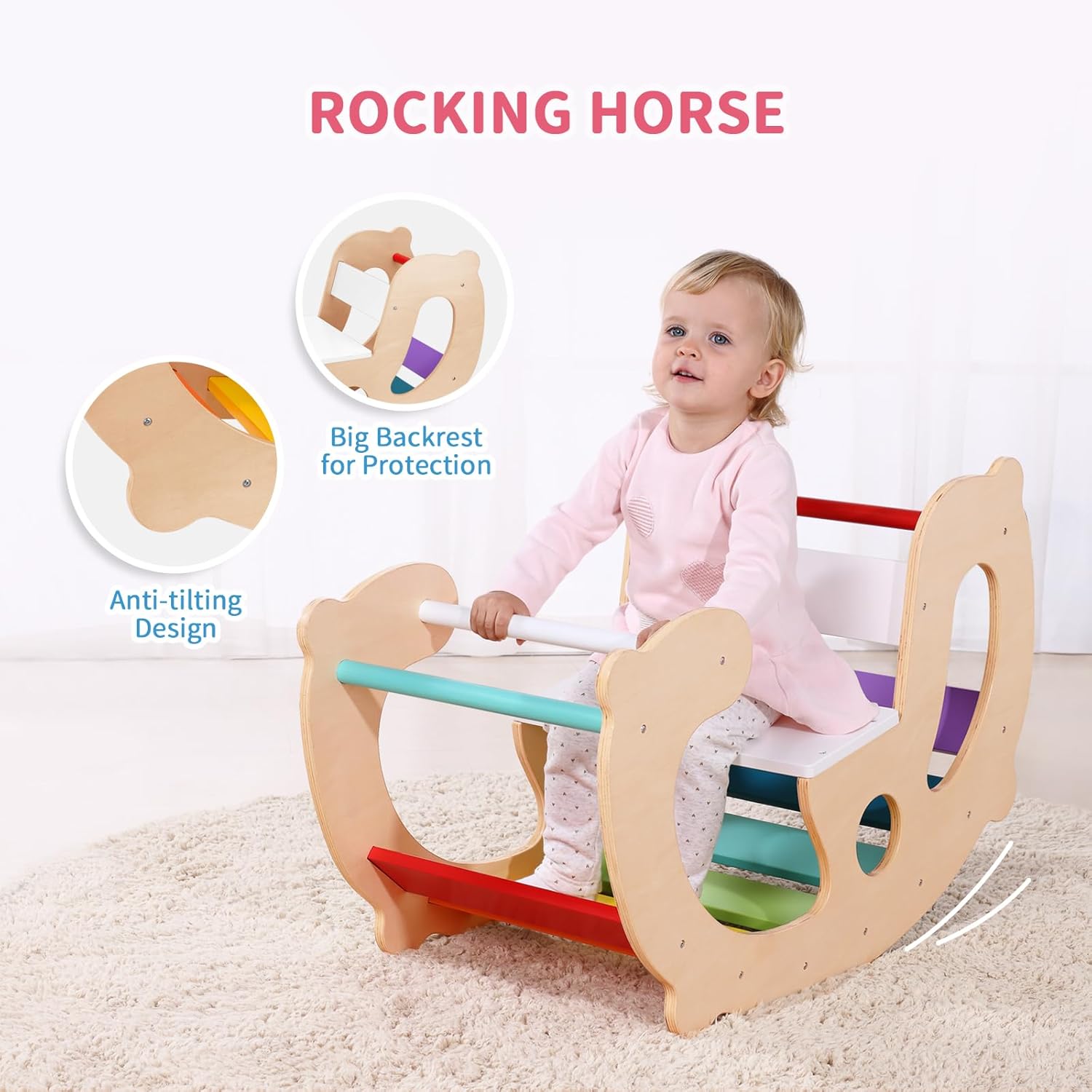 2 in 1 Rainbow Climbing Toys - Pikler Montessori Climbing Set, Wooden Rocking Horse Toy, Children Indoor Outdoor Play Gym Learning Playset, Playground for Kids Present · v4