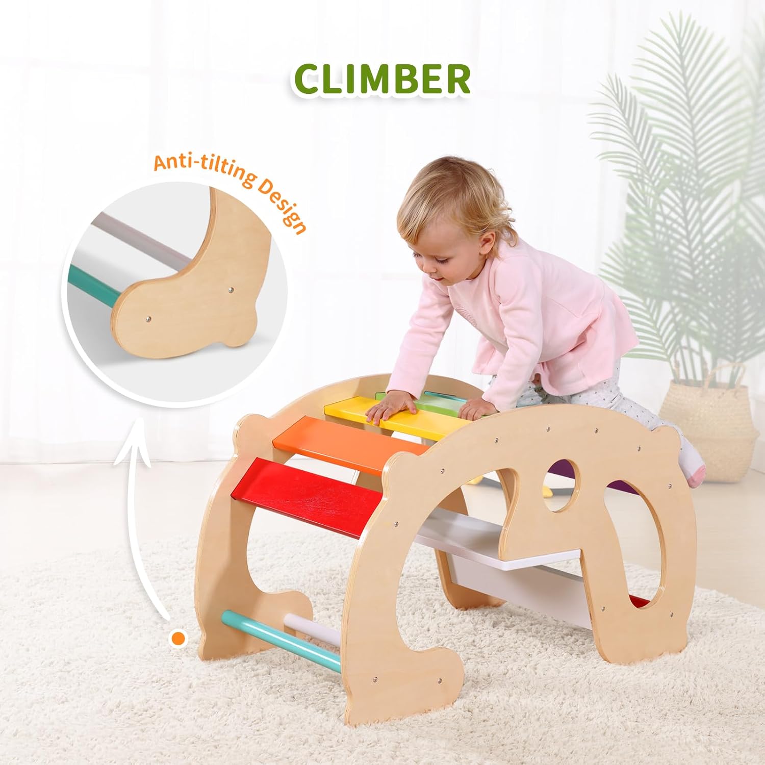 2 in 1 Rainbow Climbing Toys - Pikler Montessori Climbing Set, Wooden Rocking Horse Toy, Children Indoor Outdoor Play Gym Learning Playset, Playground for Kids Present · v4