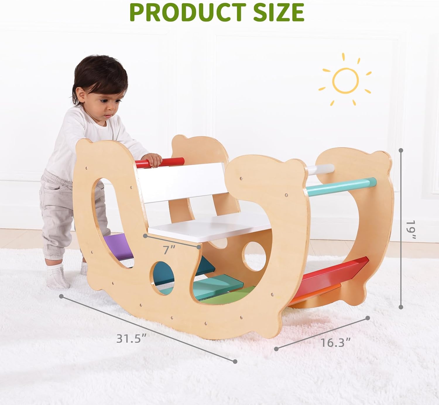 2 in 1 Rainbow Climbing Toys - Pikler Montessori Climbing Set, Wooden Rocking Horse Toy, Children Indoor Outdoor Play Gym Learning Playset, Playground for Kids Present · v4