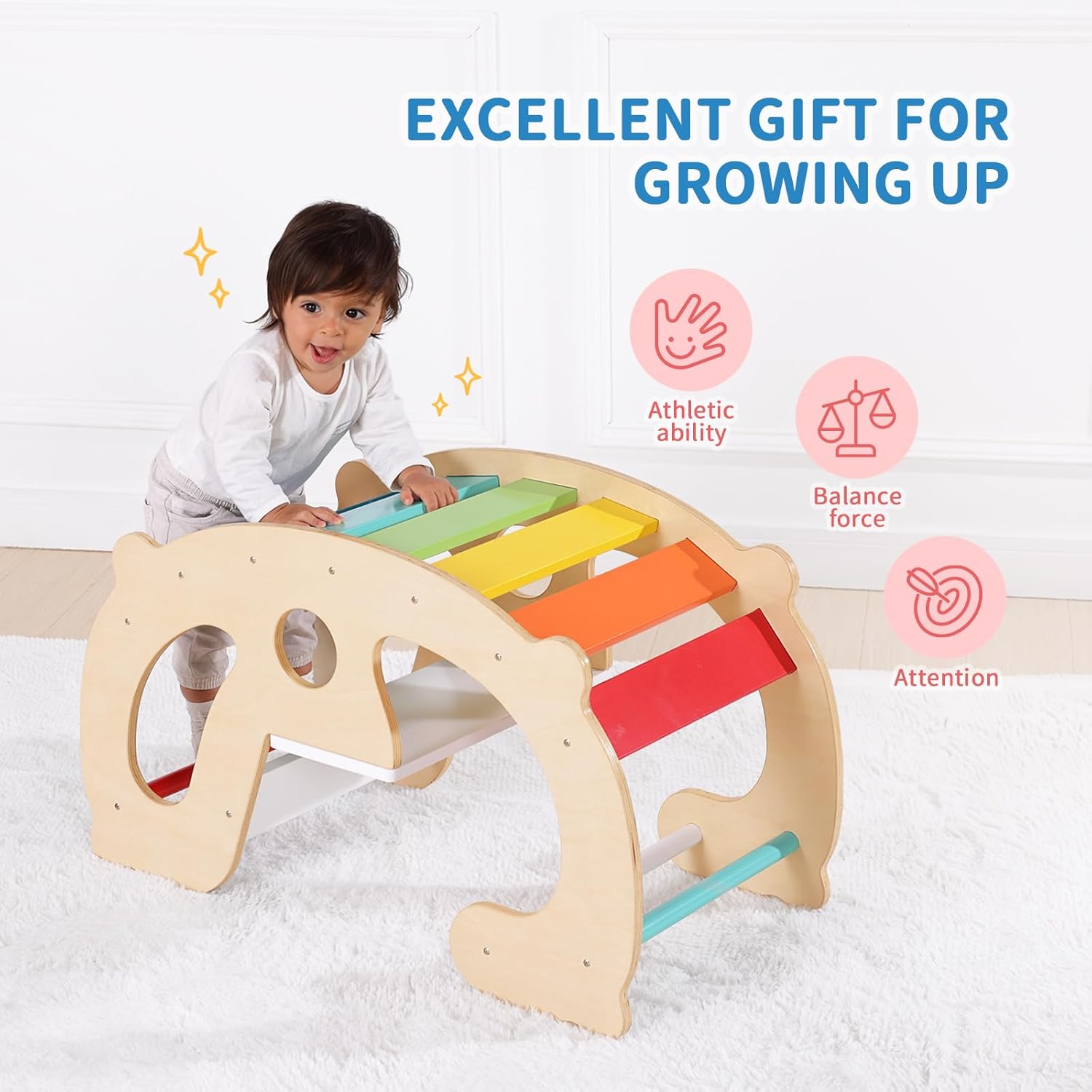 2 in 1 Rainbow Climbing Toys - Pikler Montessori Climbing Set, Wooden Rocking Horse Toy, Children Indoor Outdoor Play Gym Learning Playset, Playground for Kids Present · v4